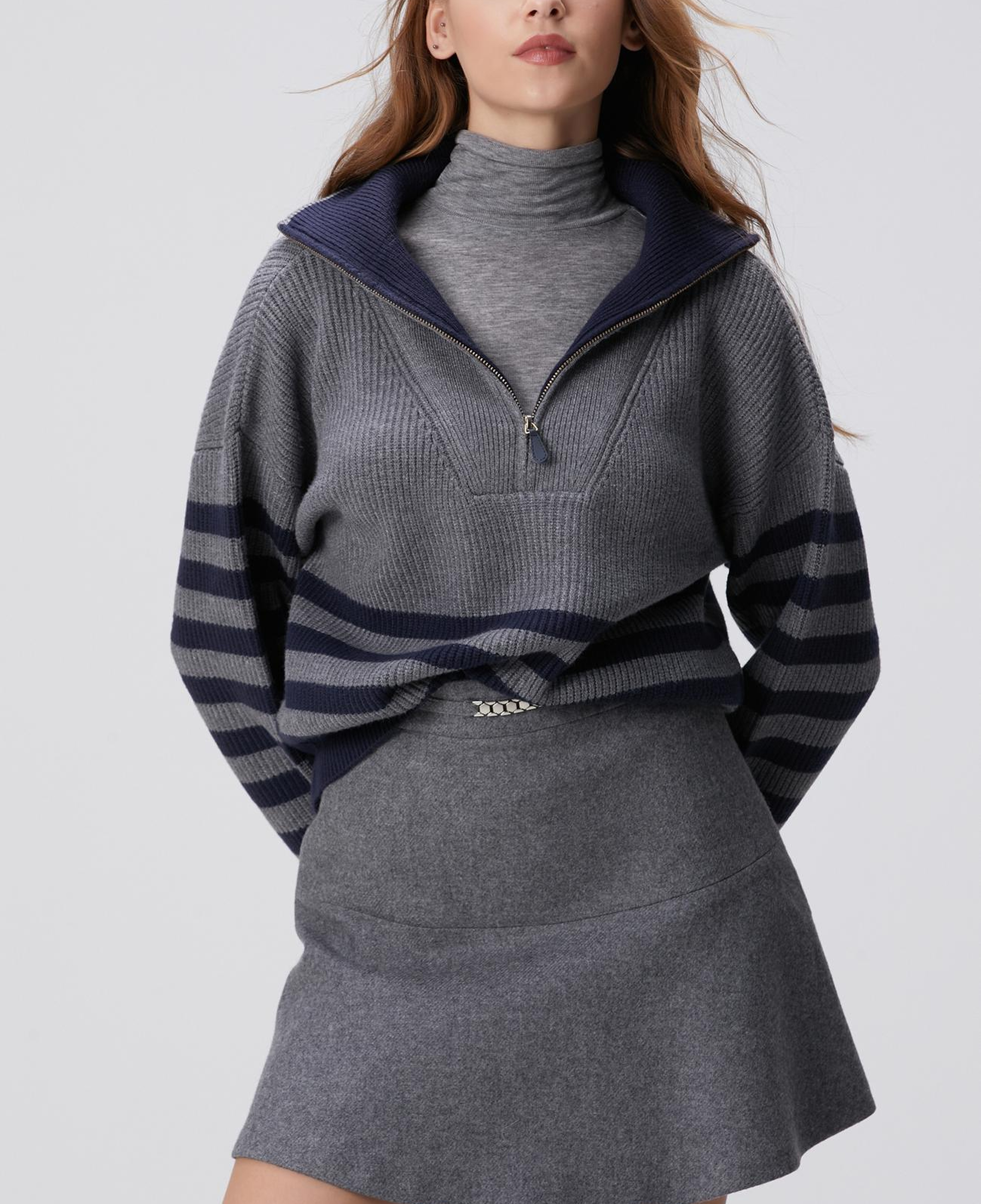 Network Kadın Gri Melanj Lacivert Çizgili Kazak