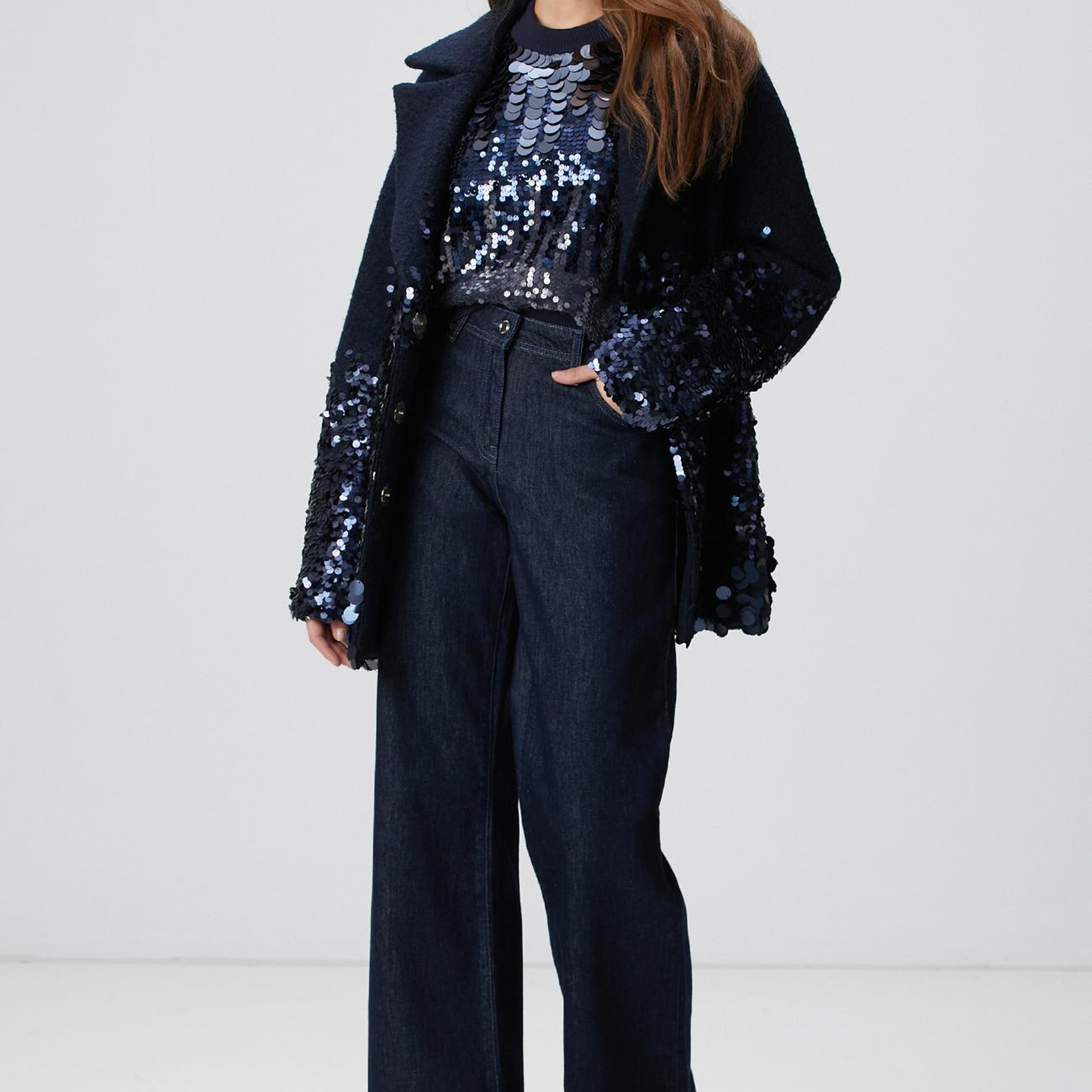 Network Kadın Lacivert Payetli Vatkalı Triko Kazak