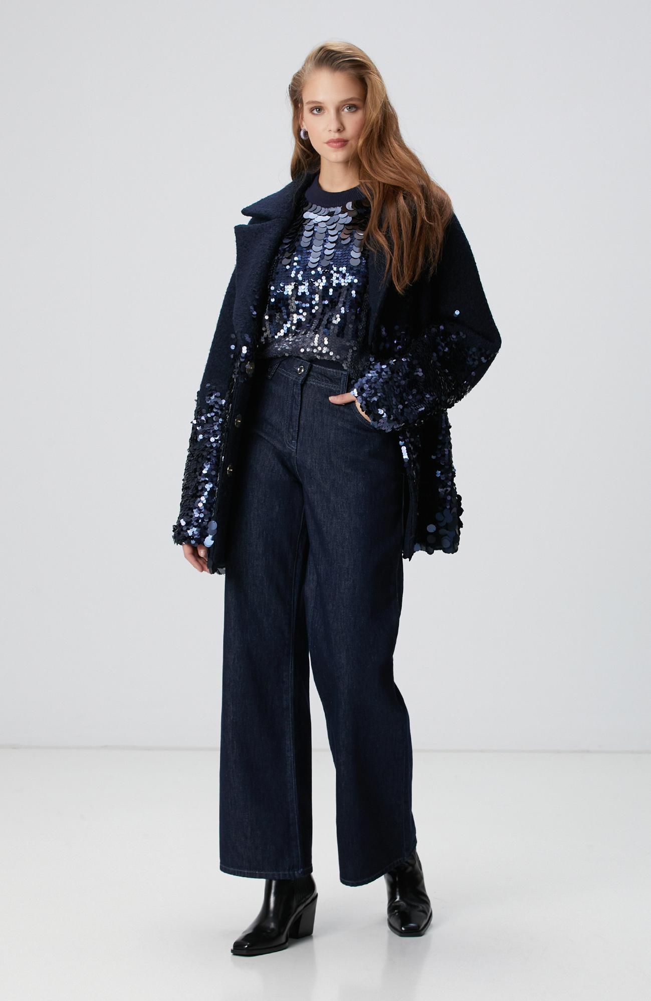 Network Kadın Lacivert Payetli Vatkalı Triko Kazak