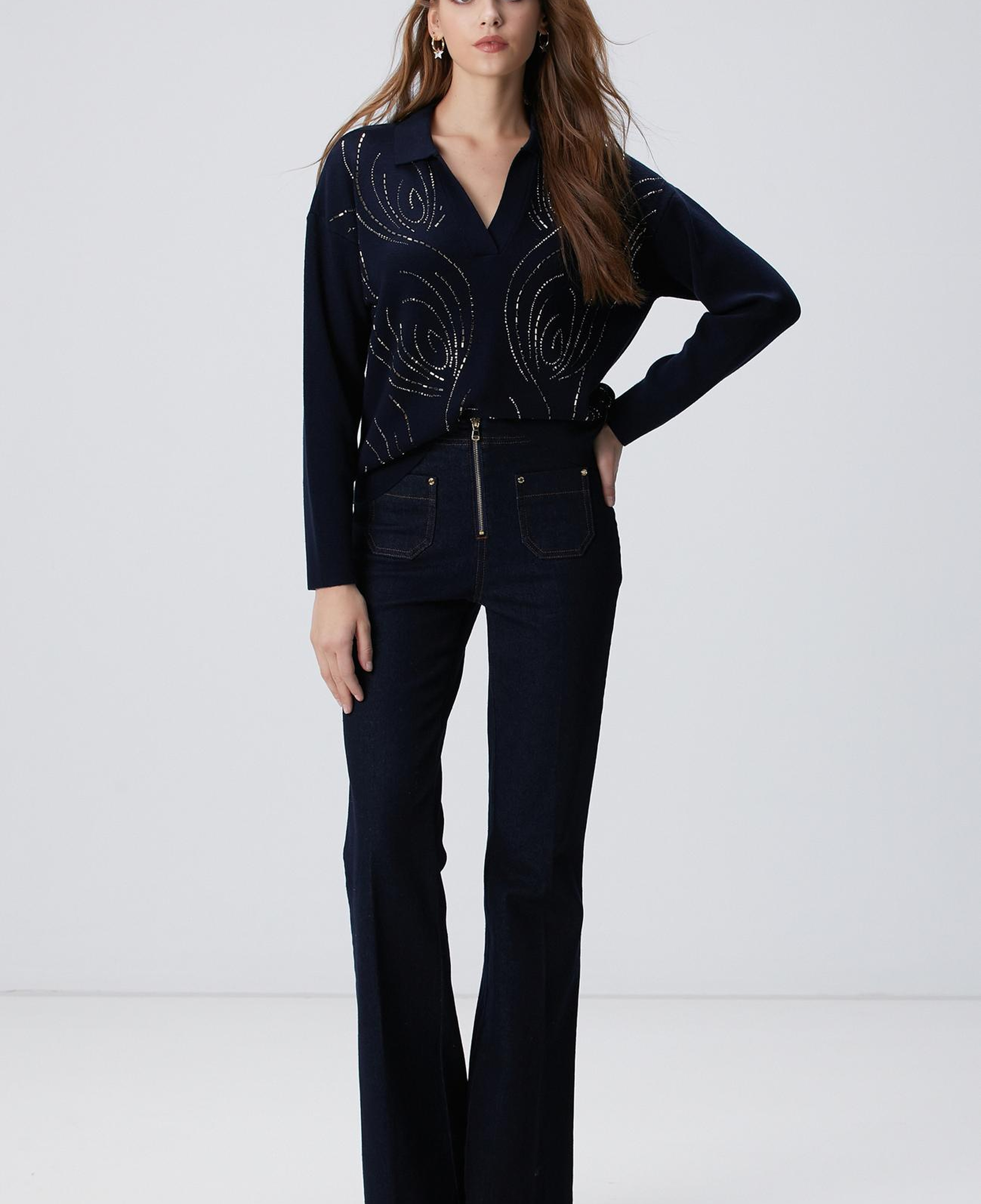 Network Kadın Koyu Lacivert Polo Yaka İşlemeli Kazak