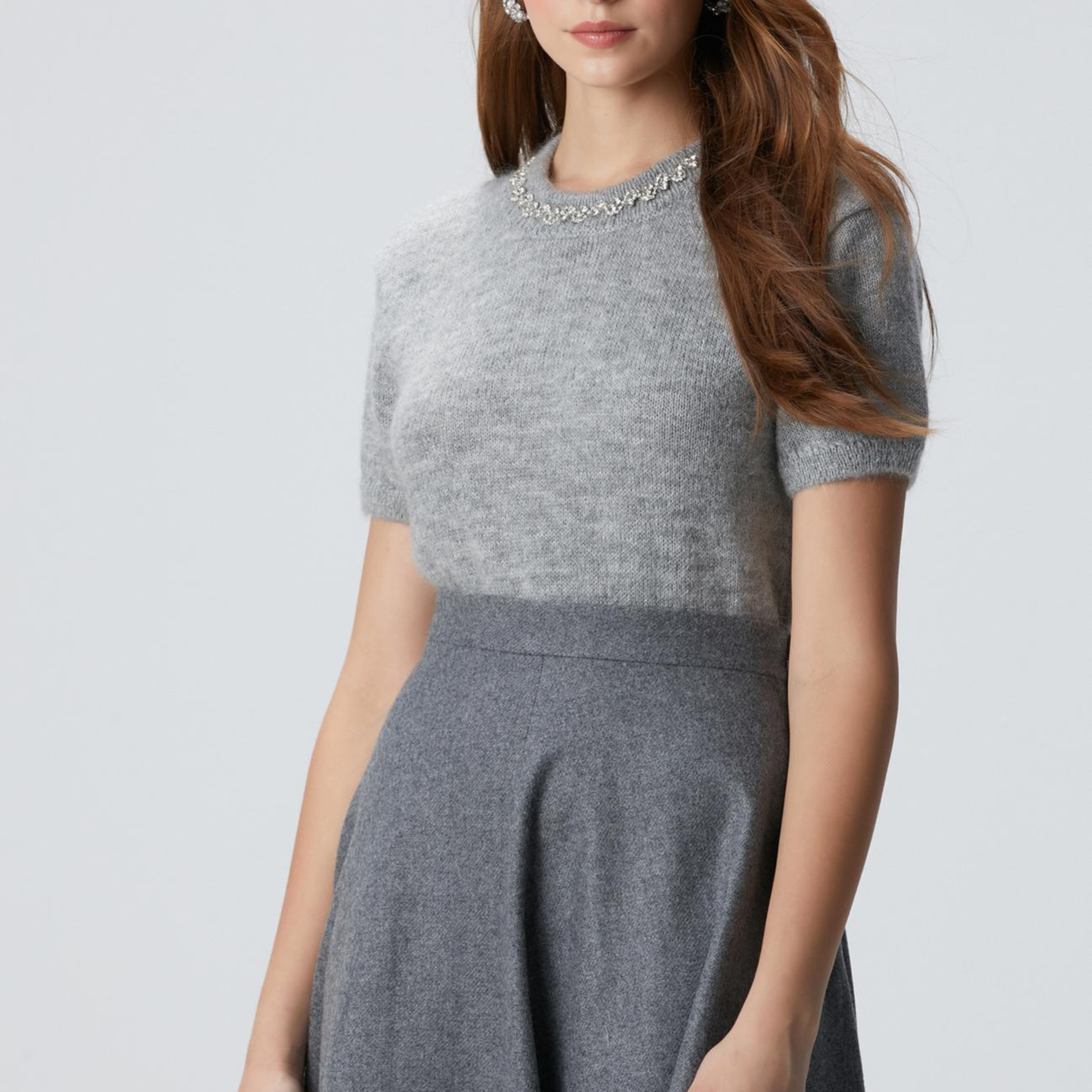 Network Kadın Gri Melanj Yakası Taşlı Kazak