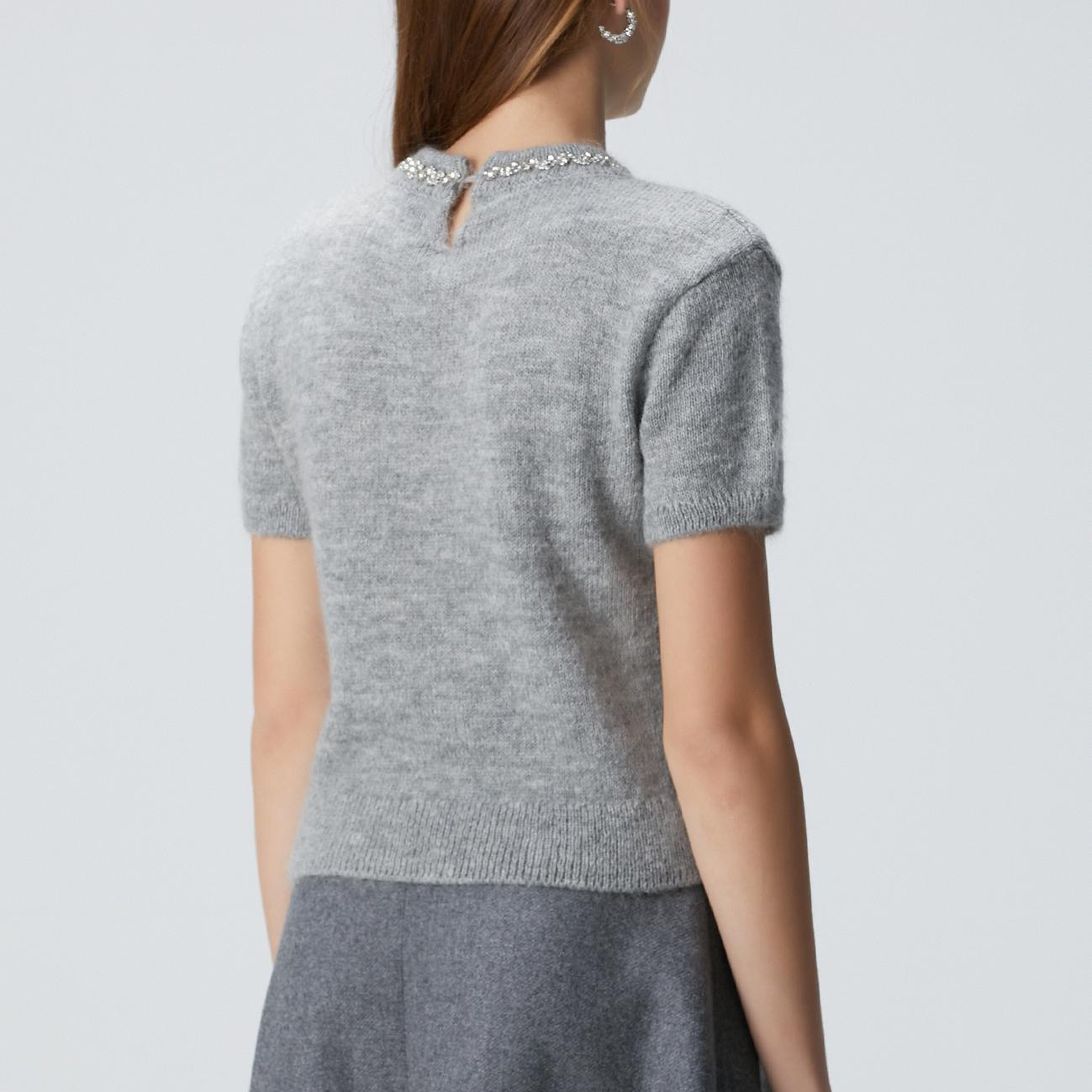 Network Kadın Gri Melanj Yakası Taşlı Kazak