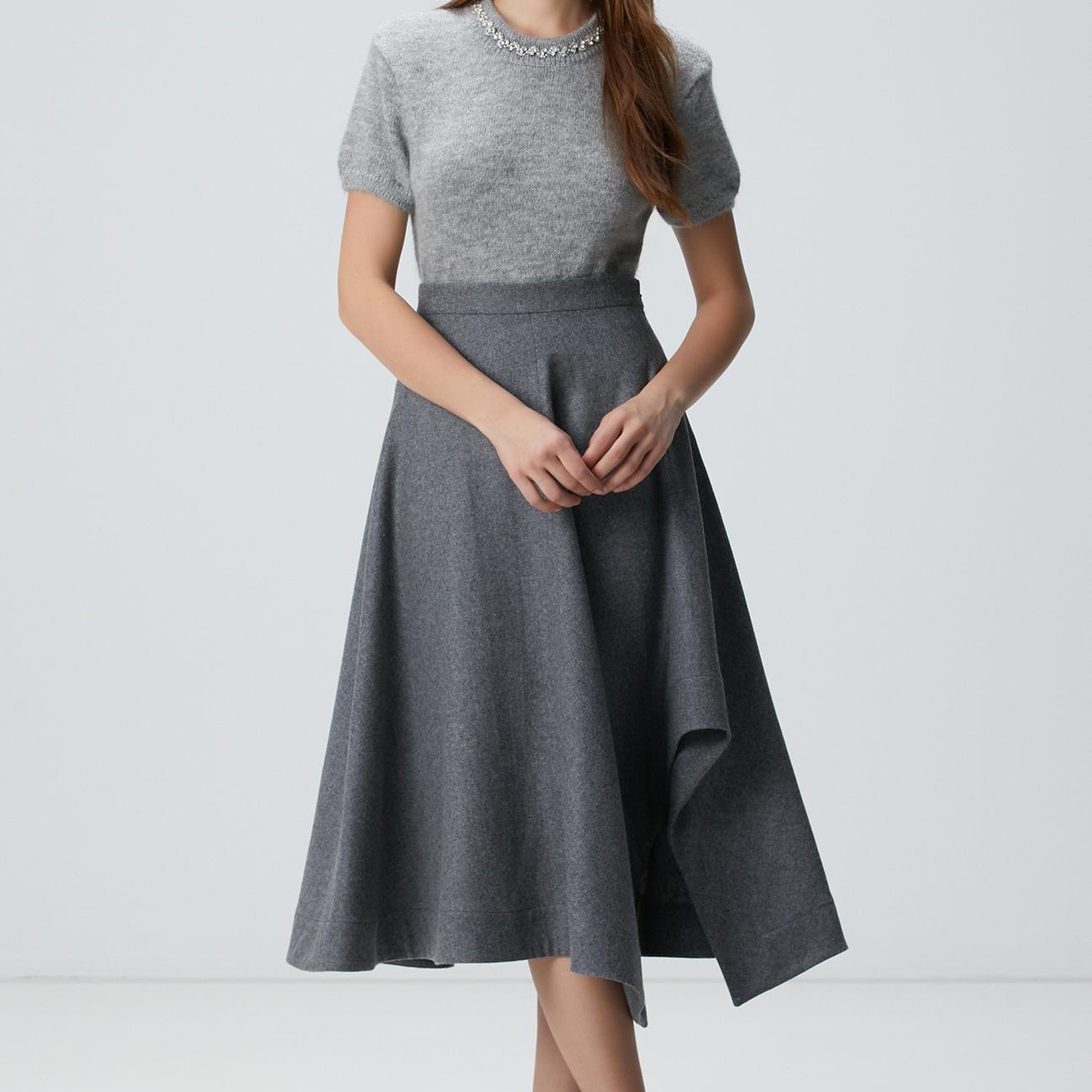 Network Kadın Gri Melanj Yakası Taşlı Kazak