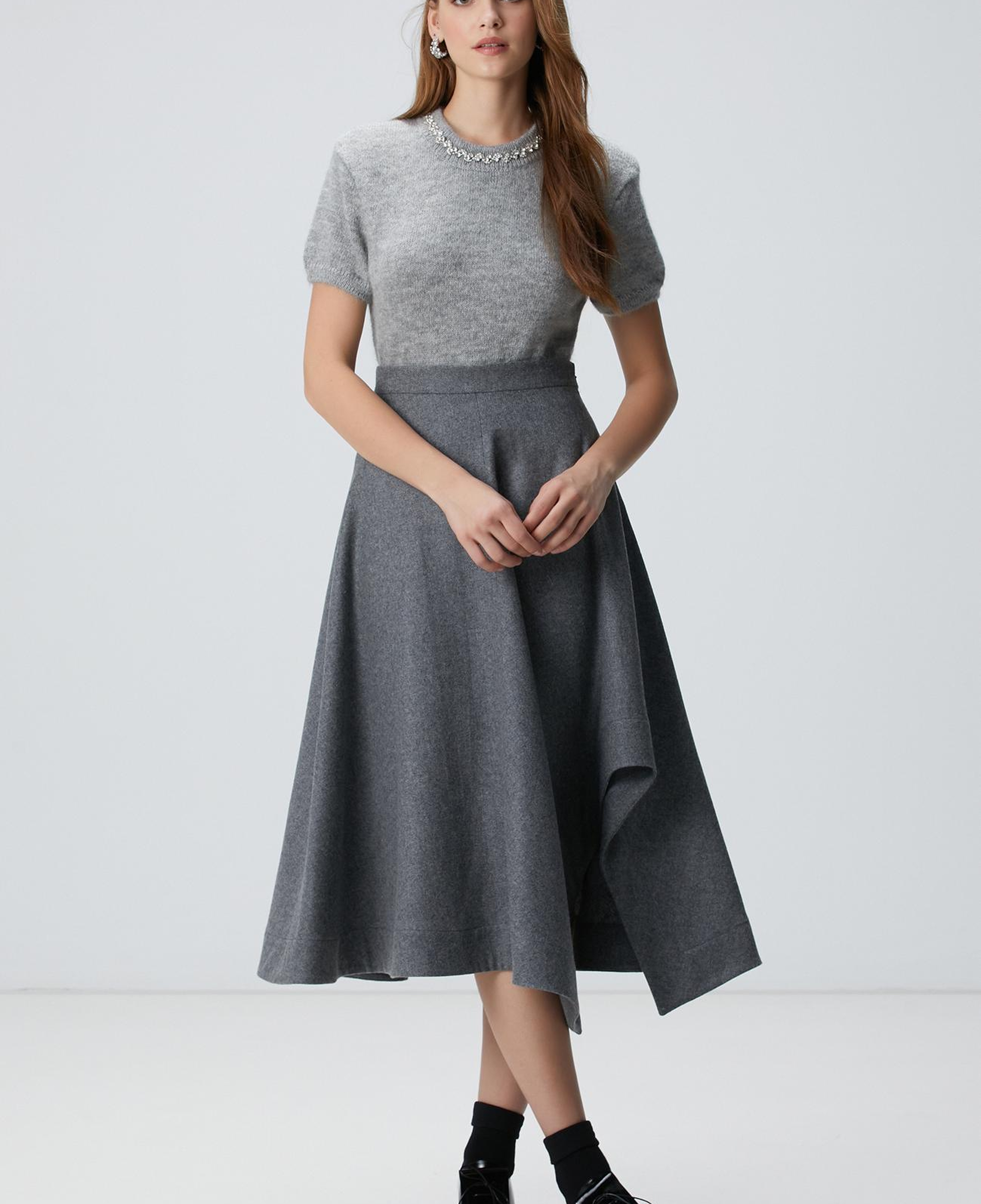 Network Kadın Gri Melanj Yakası Taşlı Kazak