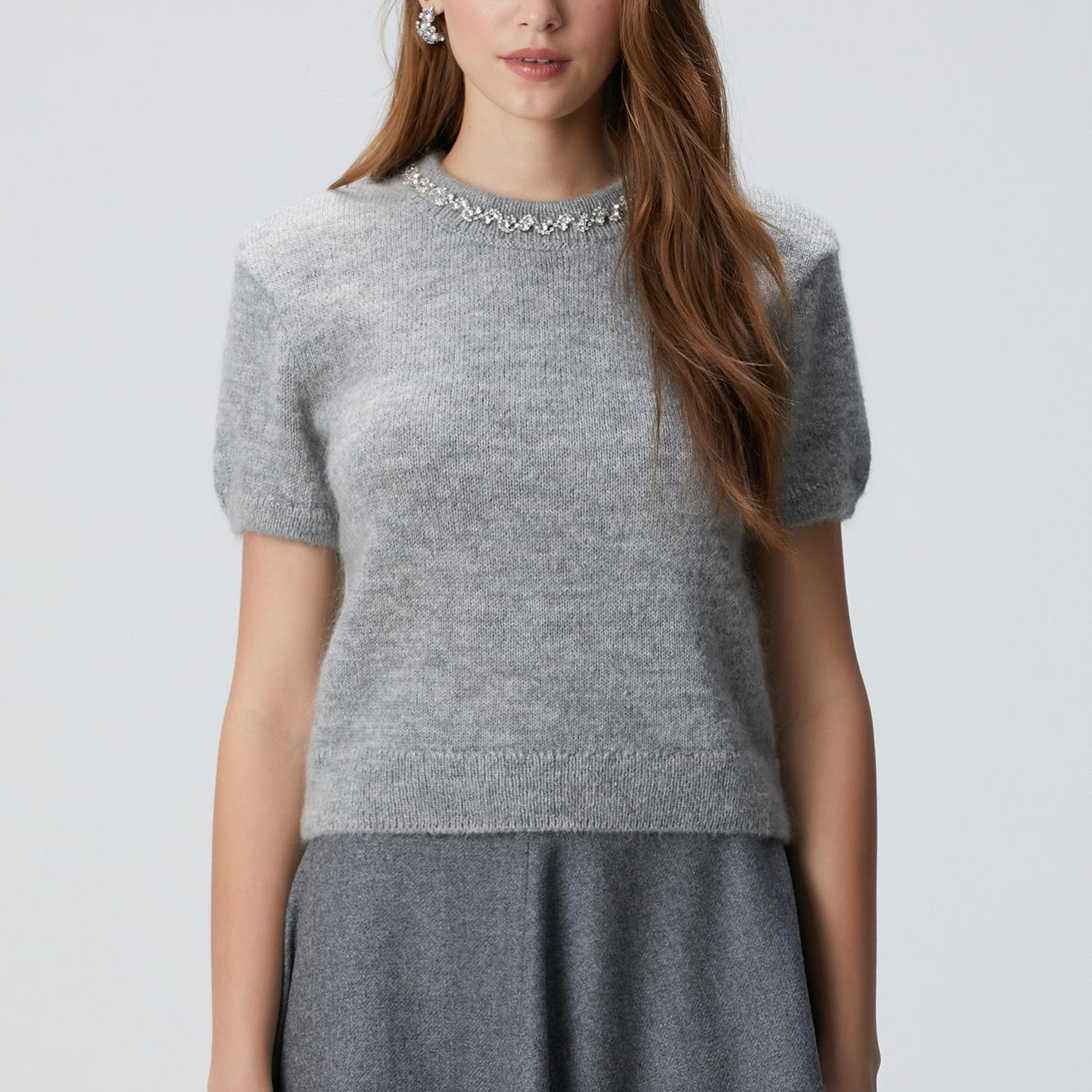 Network Kadın Gri Melanj Yakası Taşlı Kazak