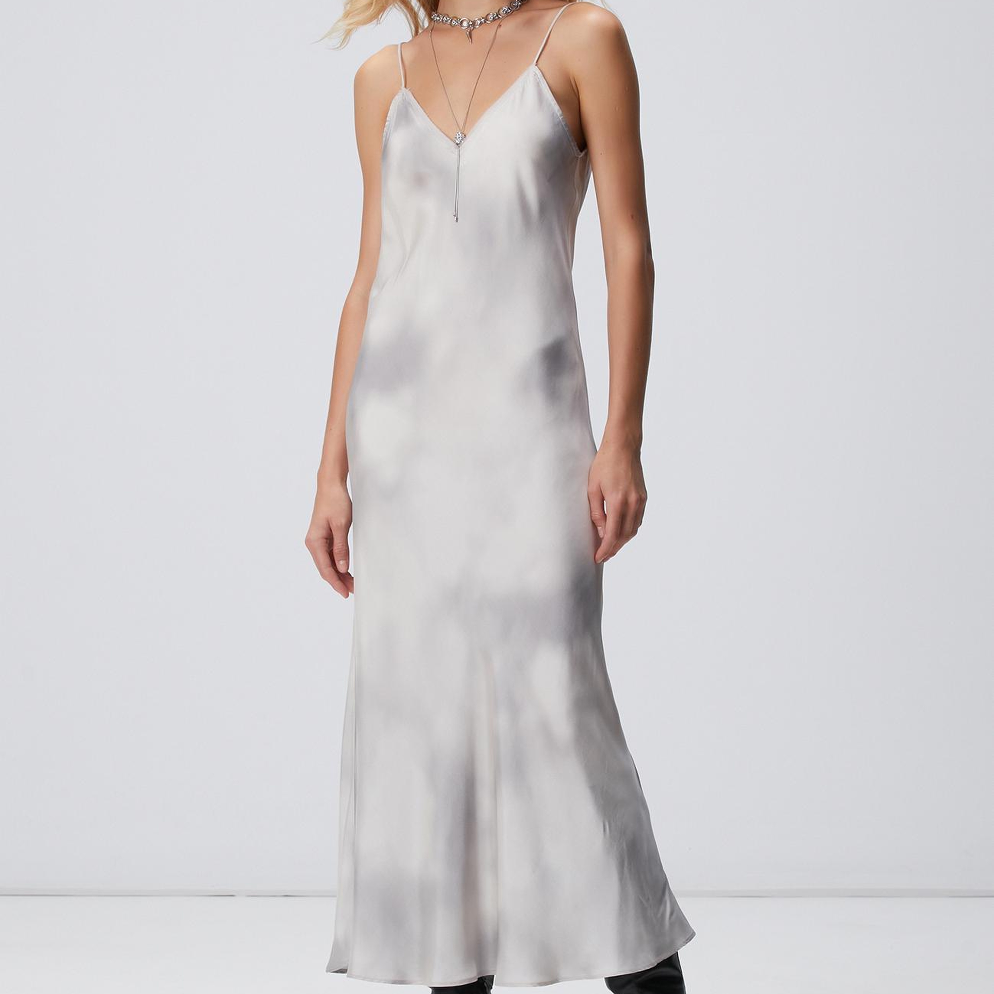 Network Kadın Gri Batik Desenli Uzun Elbise