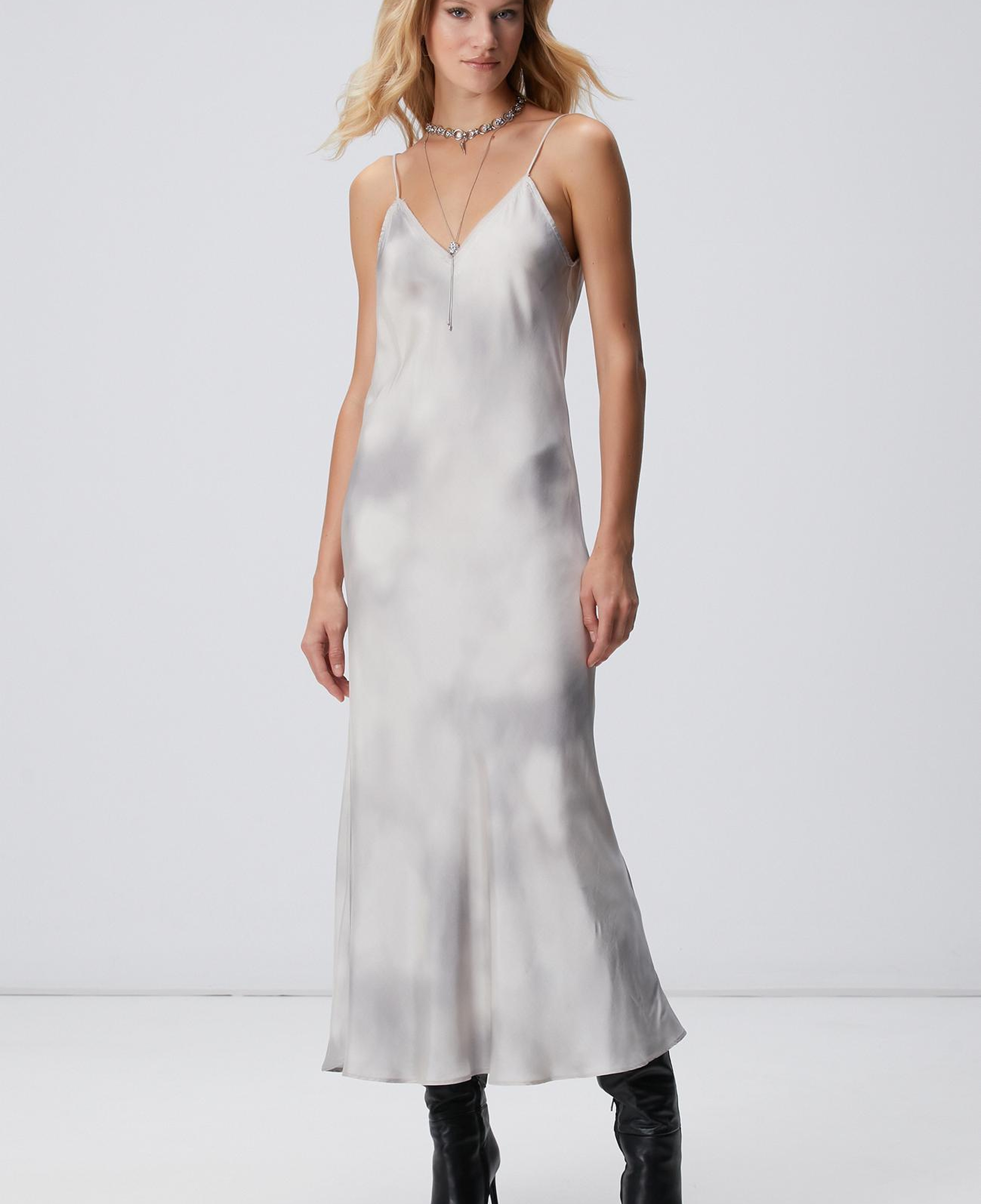 Network Kadın Gri Batik Desenli Uzun Elbise