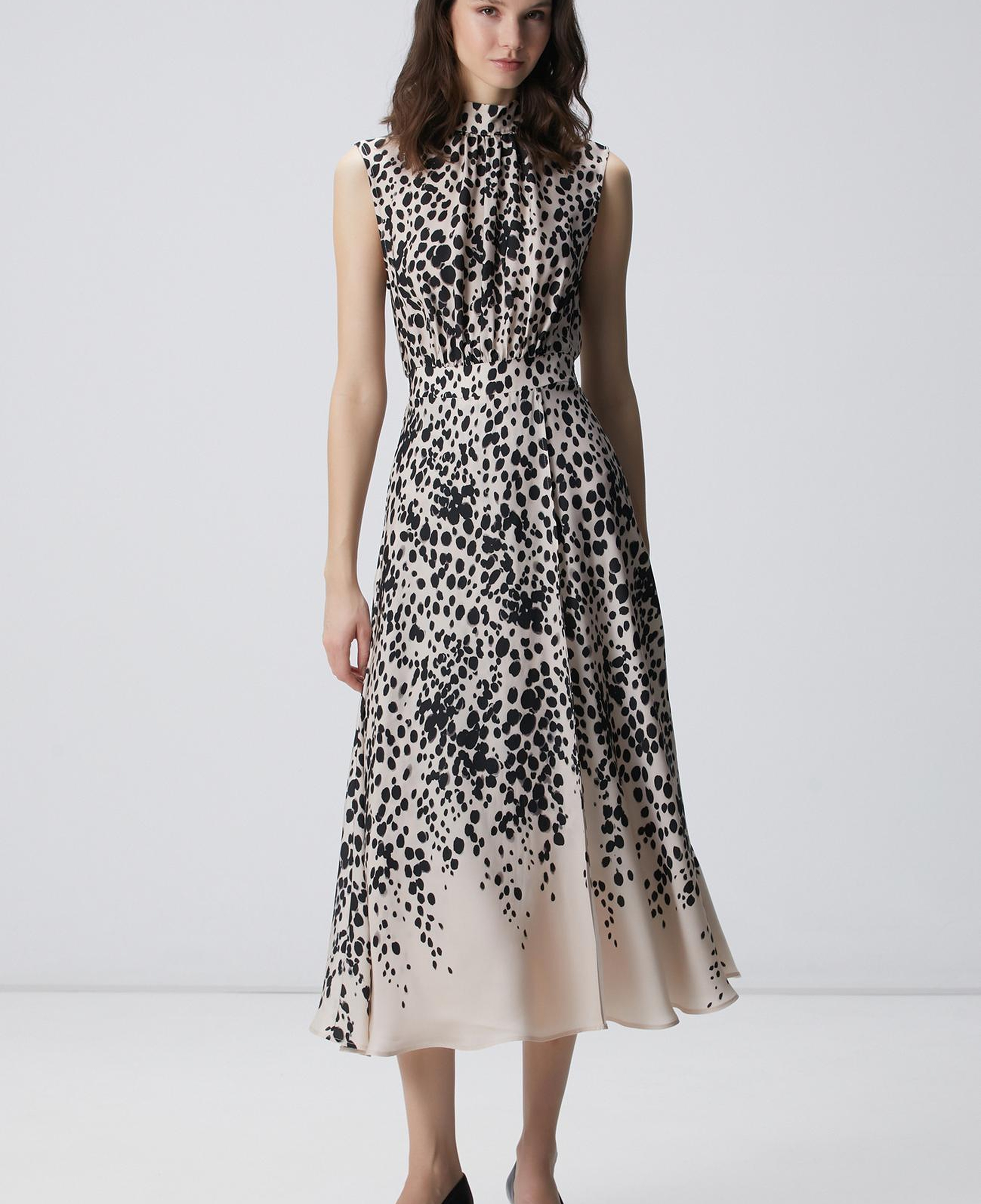 Network Kadın Bej Siyah Desenli Midi Viskon Elbise