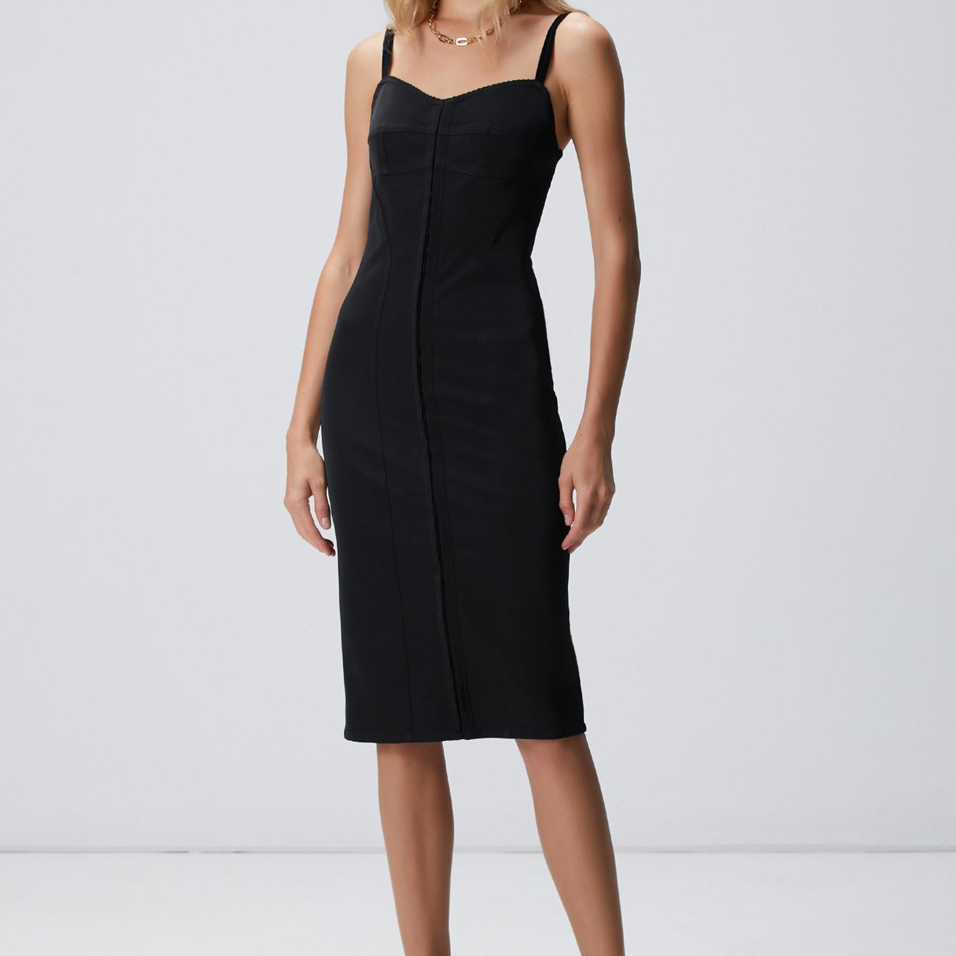 Network Kadın Siyah Askılı Midi Korse Elbise