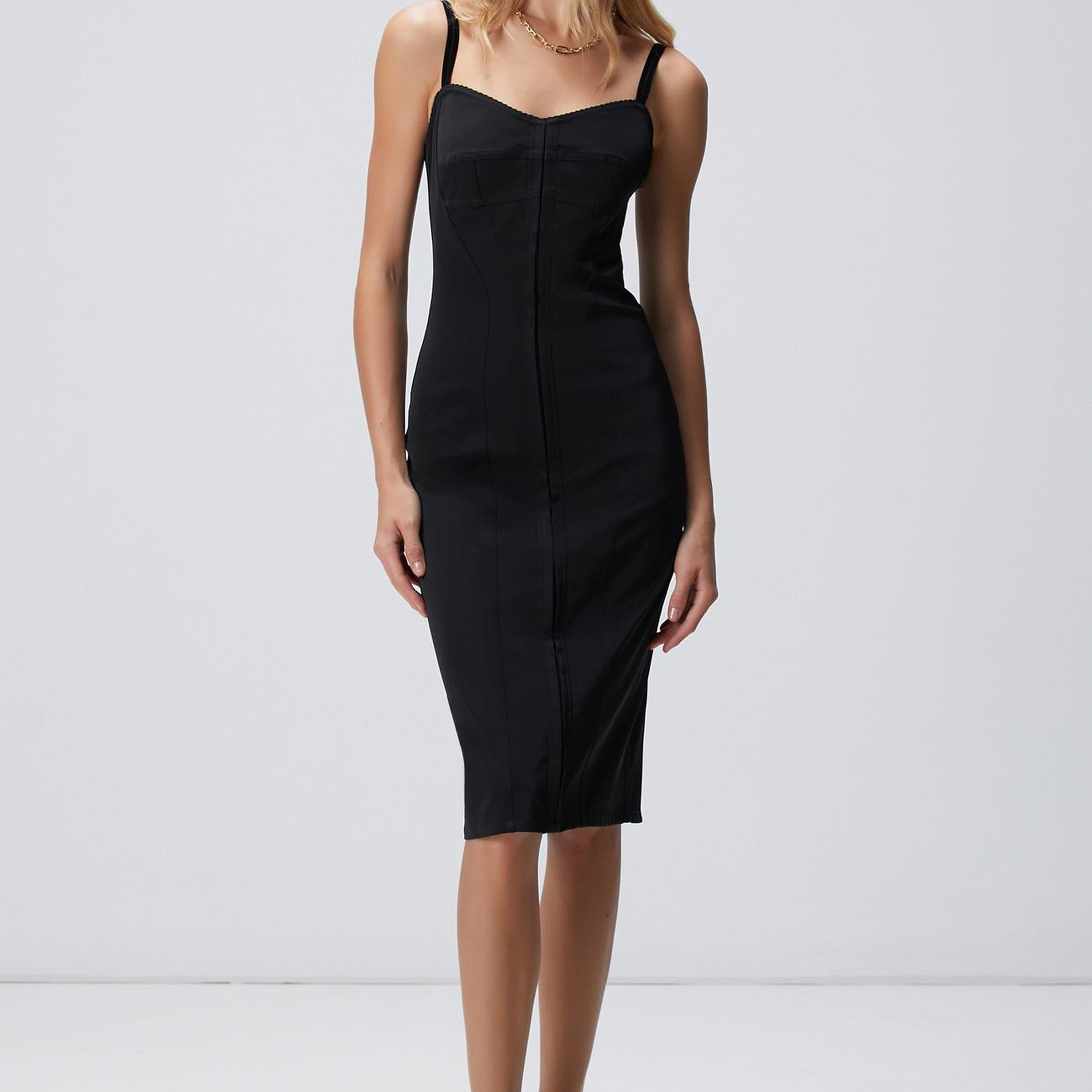 Network Kadın Siyah Askılı Midi Korse Elbise