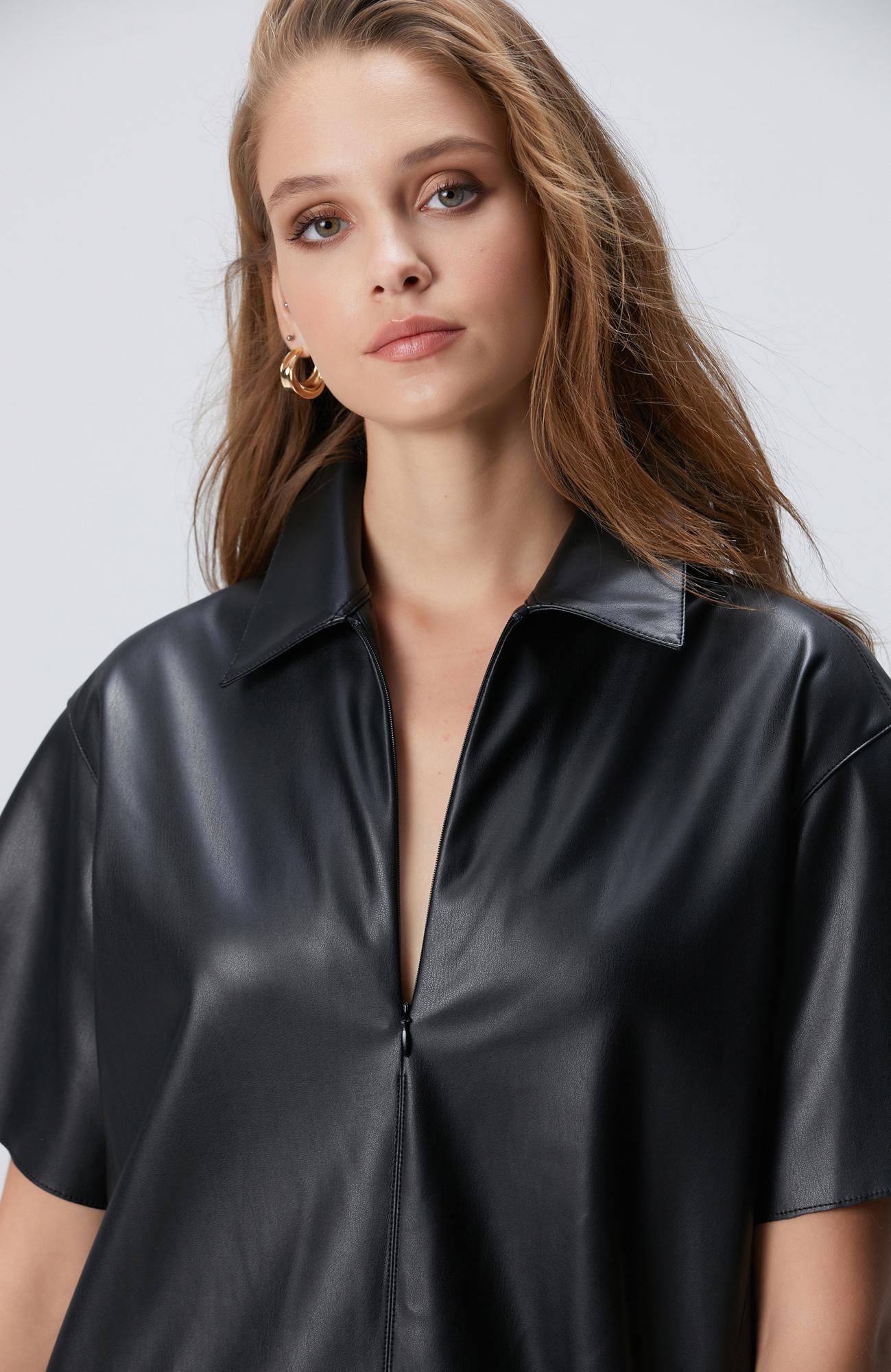 Network Kadın Siyah Mini Vegan Deri Elbise