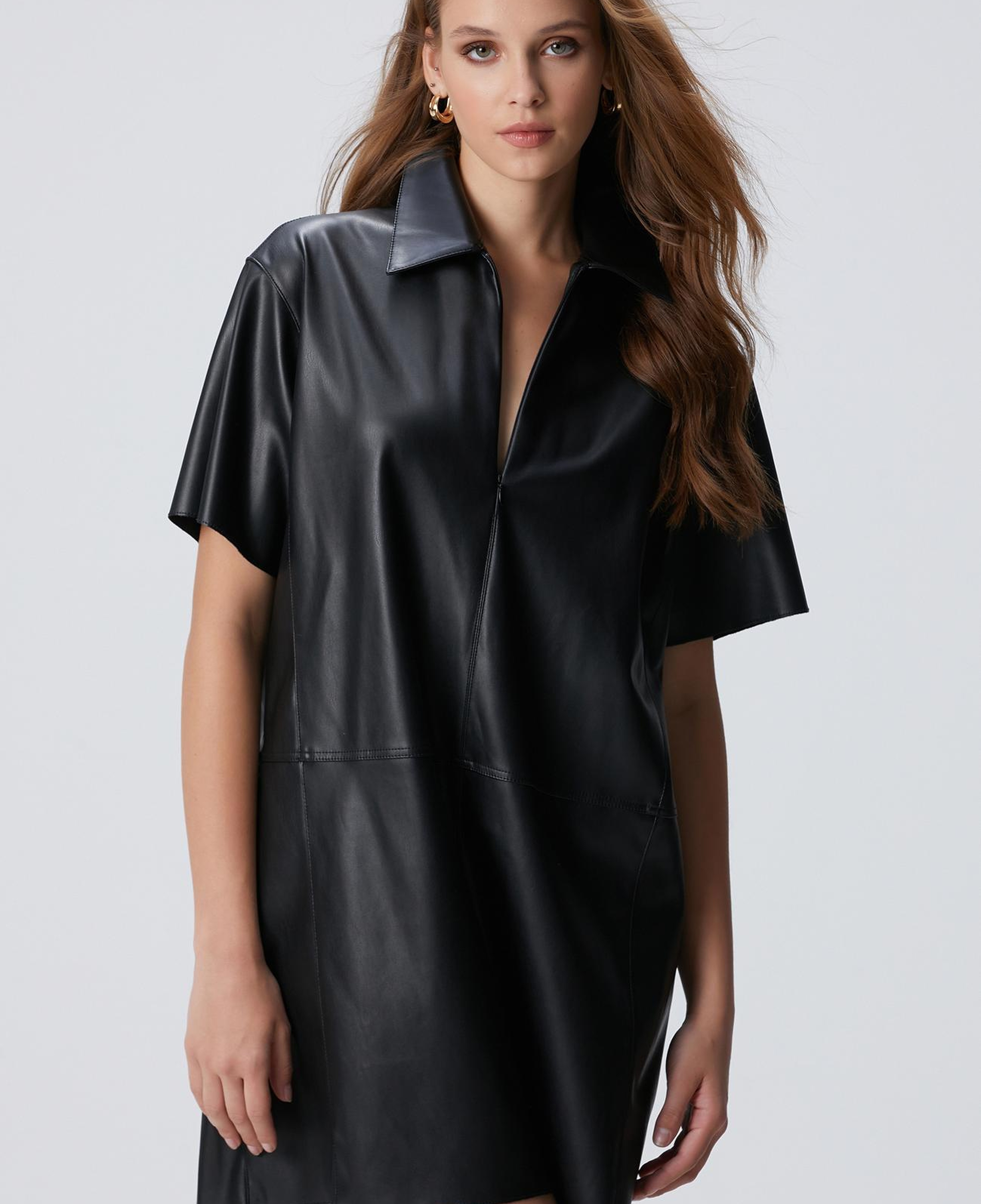 Network Kadın Siyah Mini Vegan Deri Elbise