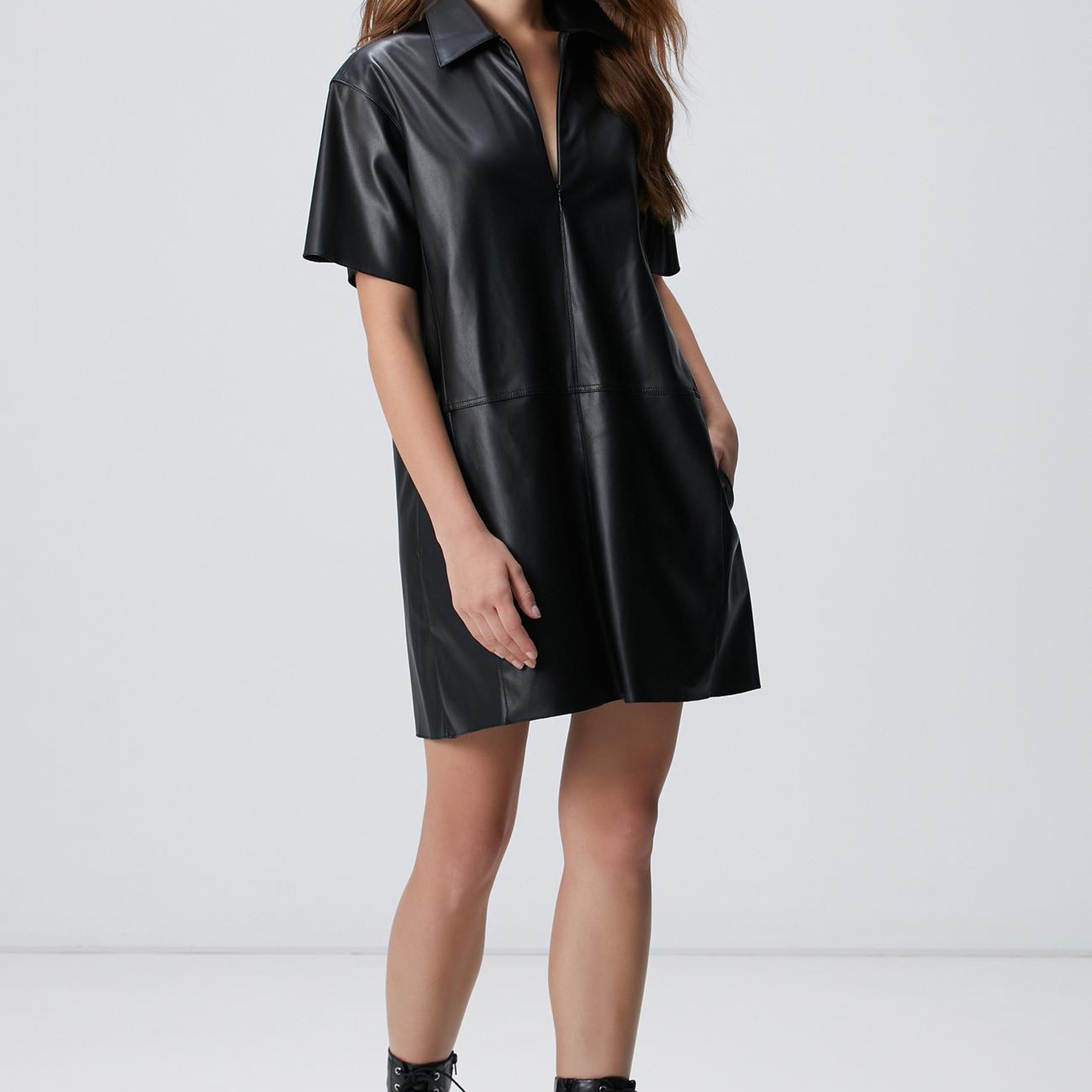 Network Kadın Siyah Mini Vegan Deri Elbise