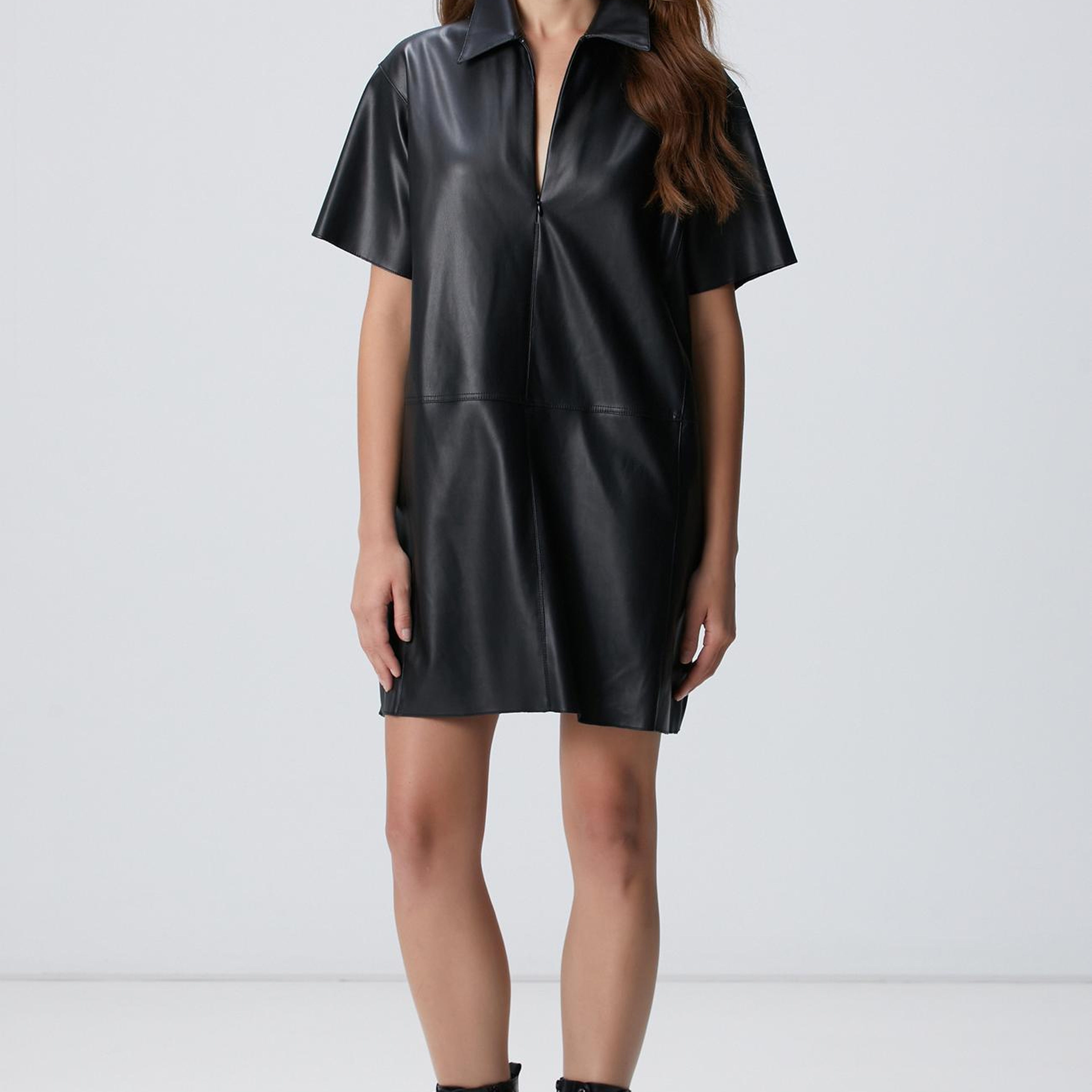 Network Kadın Siyah Mini Vegan Deri Elbise