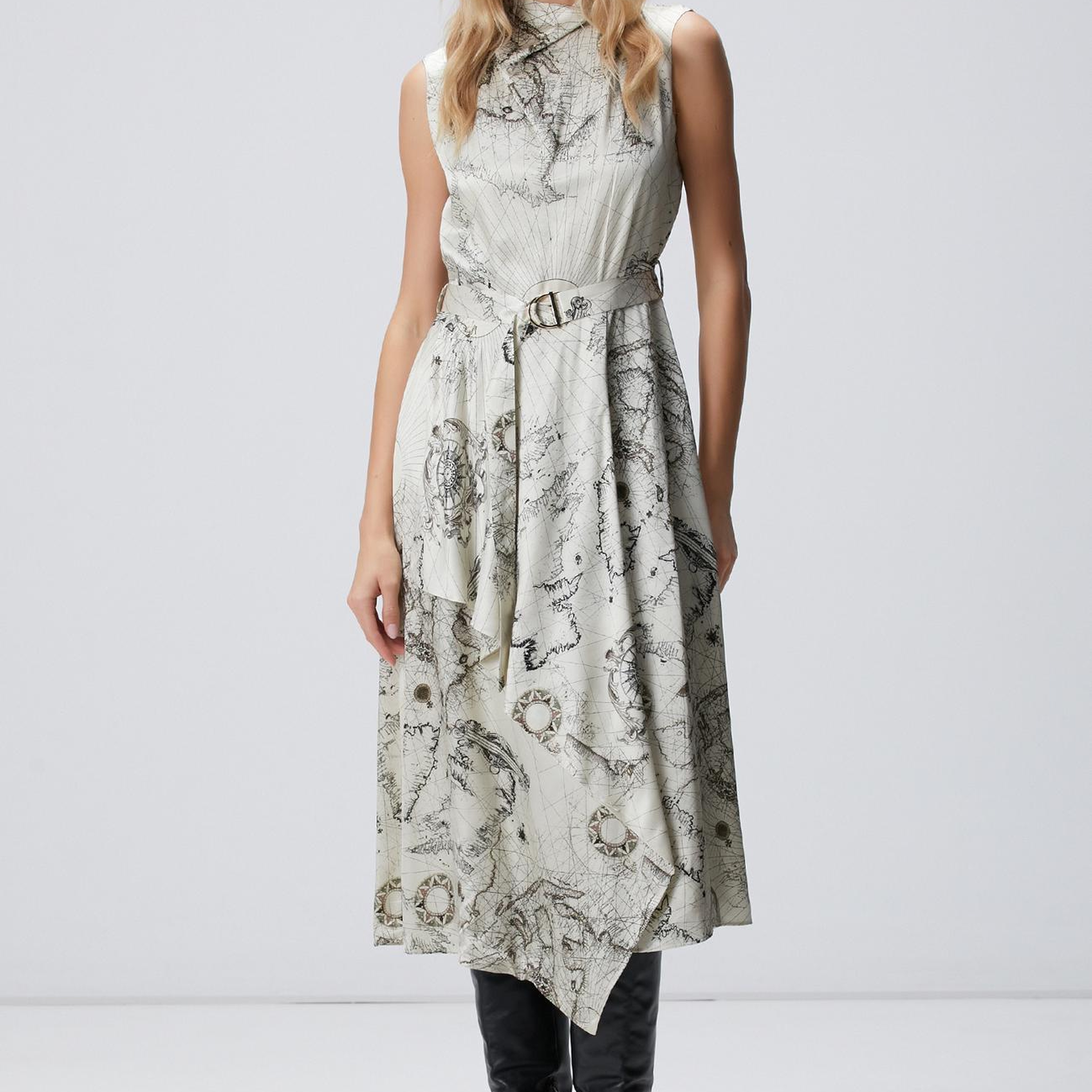 Network Kadın Limited Açık Bej Desenli İpek Karışımlı Elbise