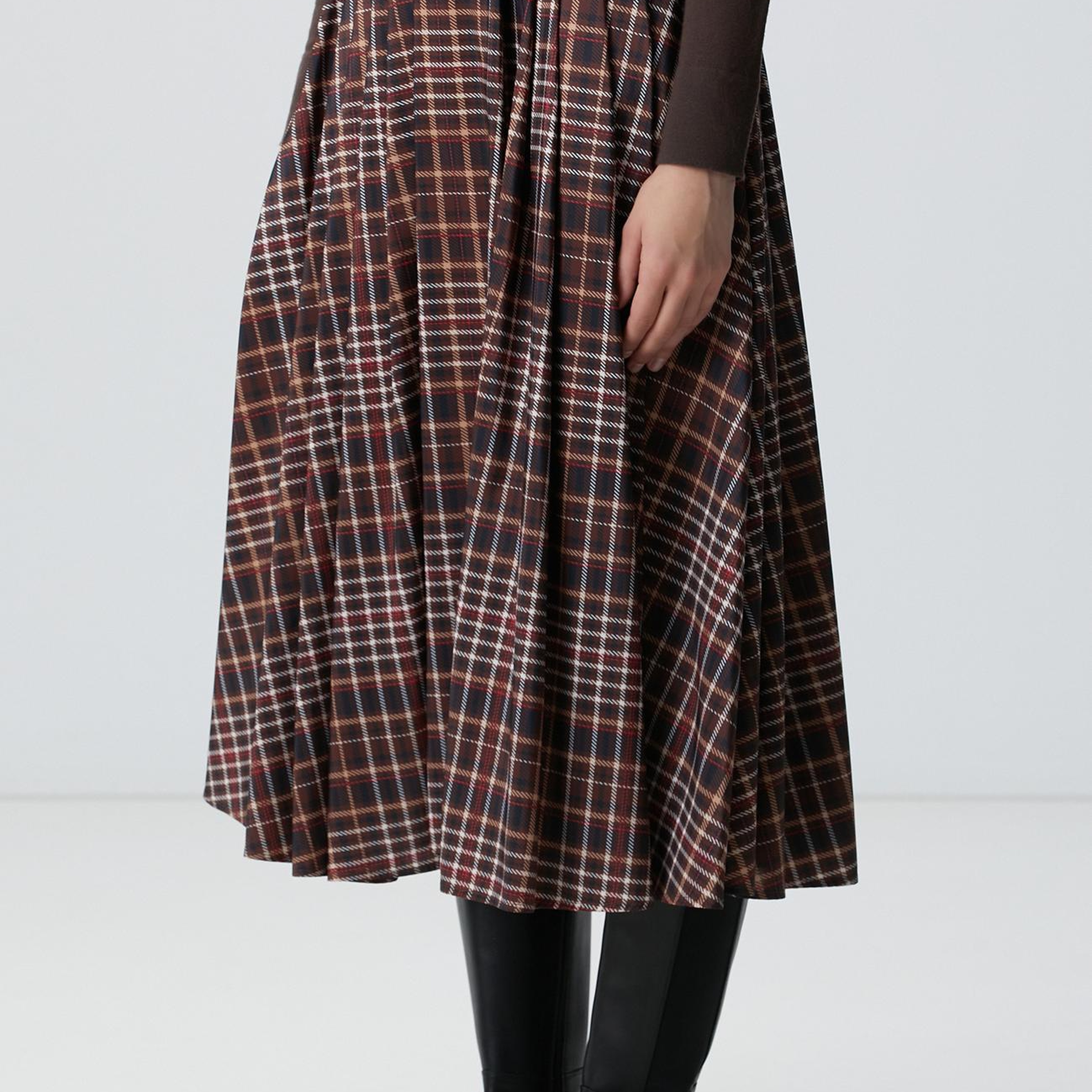 Network Kadın Camel Ekose Desenli Piliseli Midi Tafta Etek