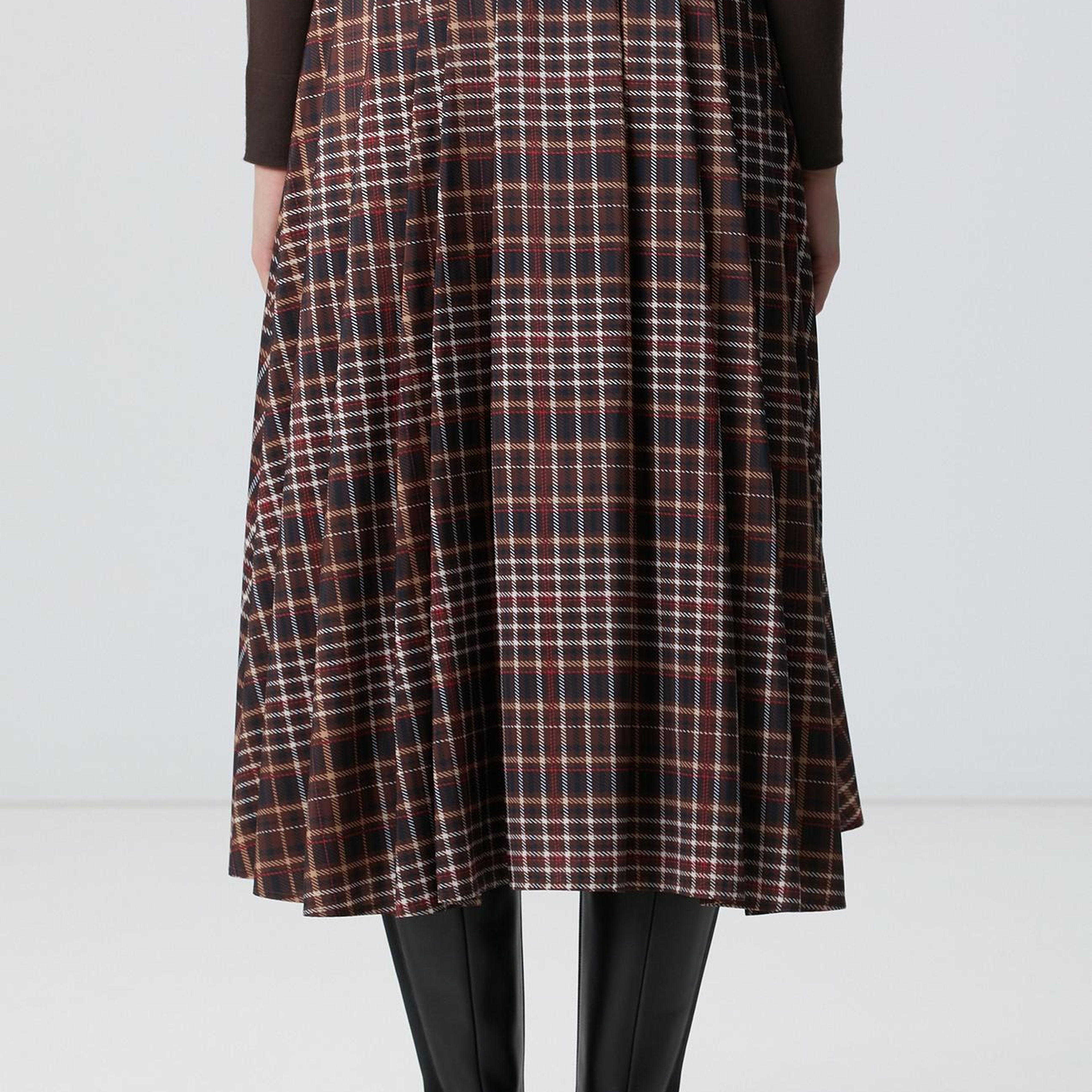 Network Kadın Camel Ekose Desenli Piliseli Midi Tafta Etek