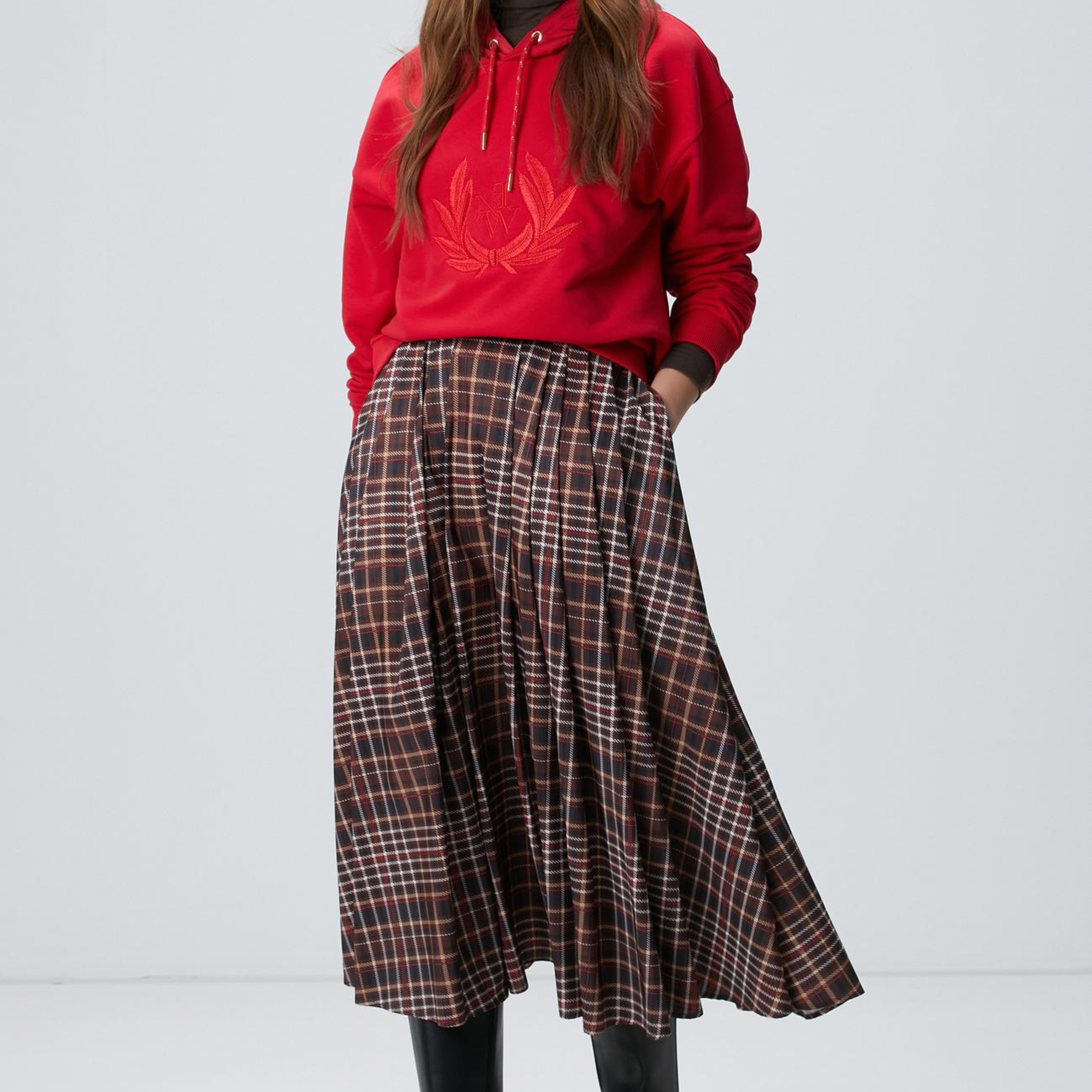 Network Kadın Camel Ekose Desenli Piliseli Midi Tafta Etek