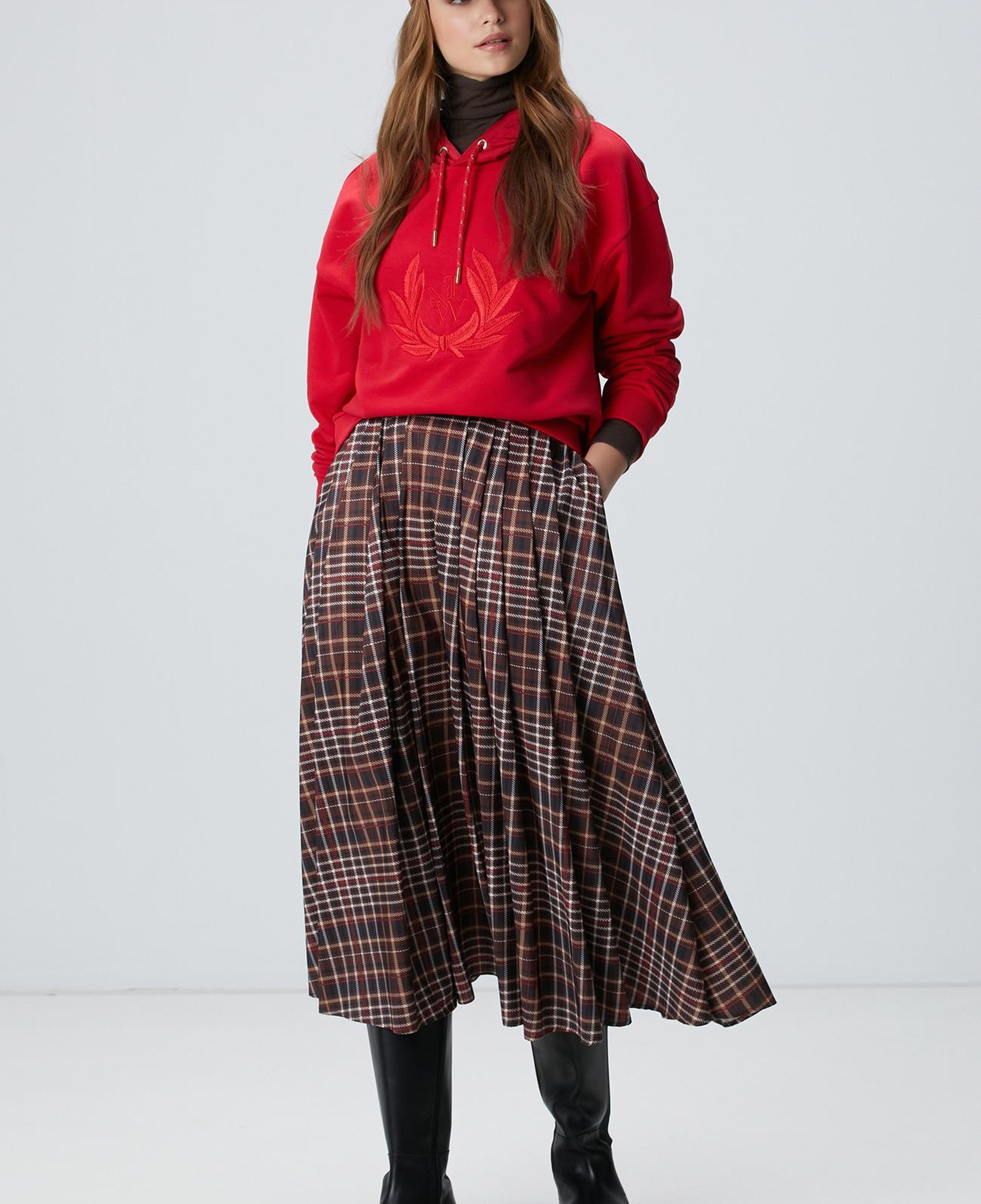 Network Kadın Camel Ekose Desenli Piliseli Midi Tafta Etek