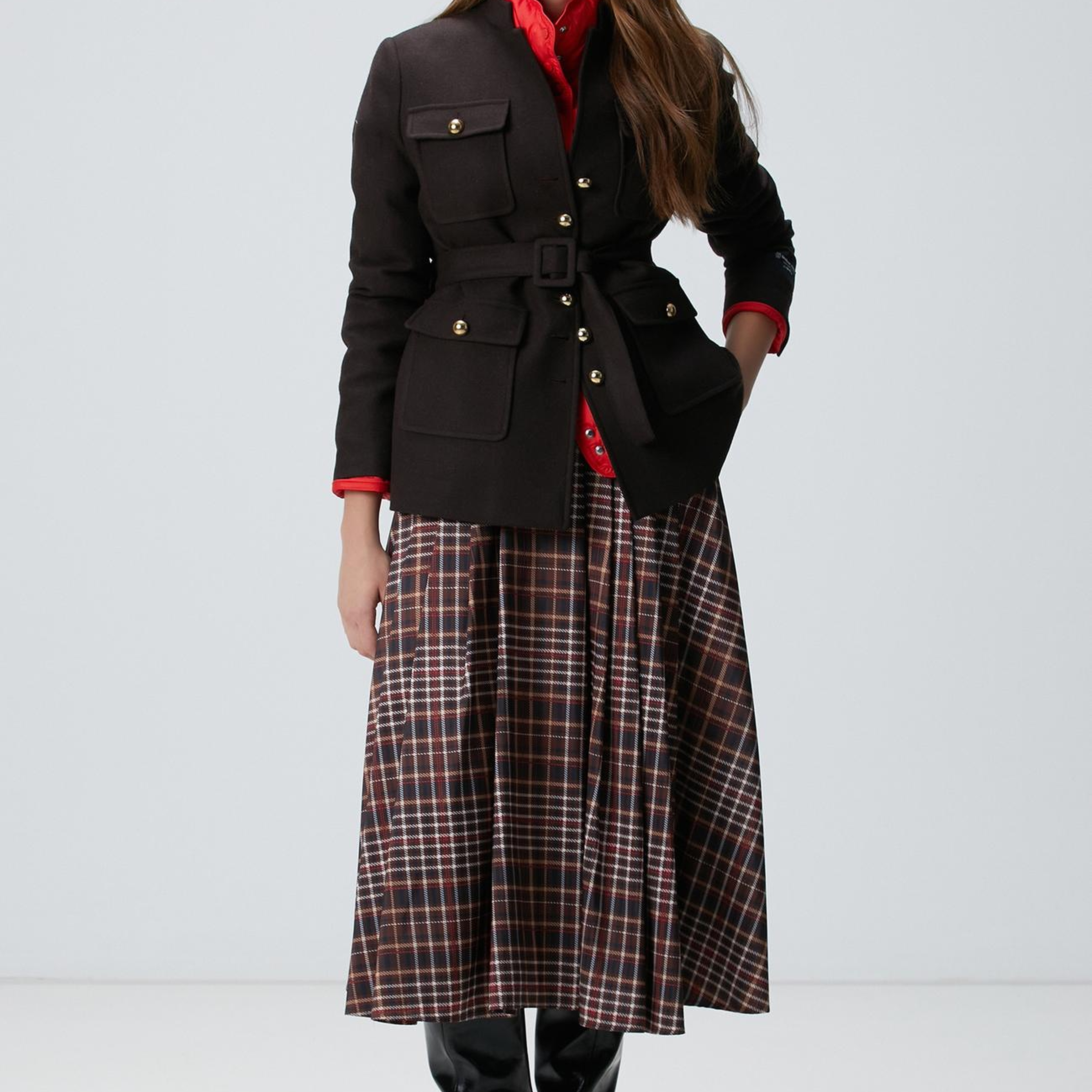 Network Kadın Camel Ekose Desenli Piliseli Midi Tafta Etek