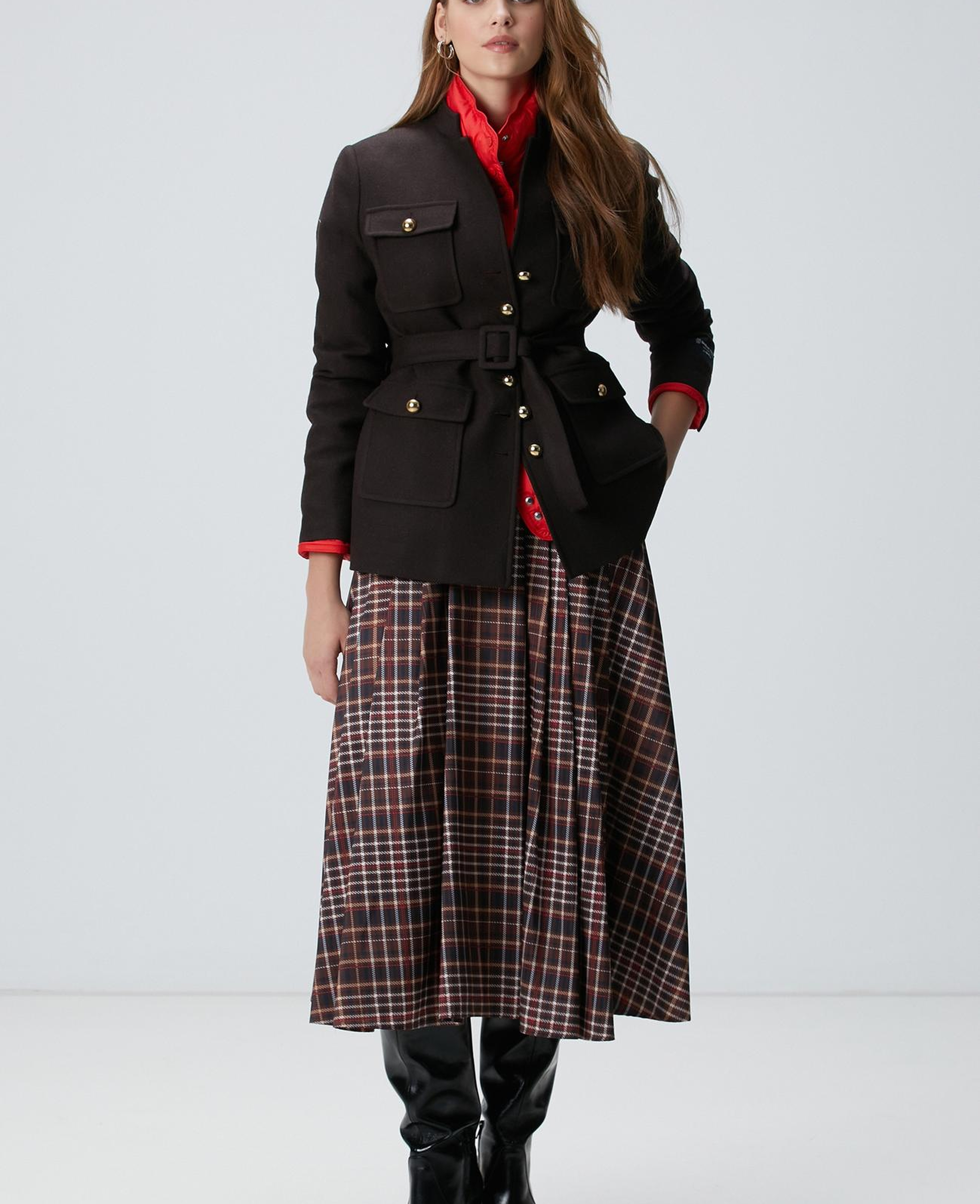 Network Kadın Camel Ekose Desenli Piliseli Midi Tafta Etek