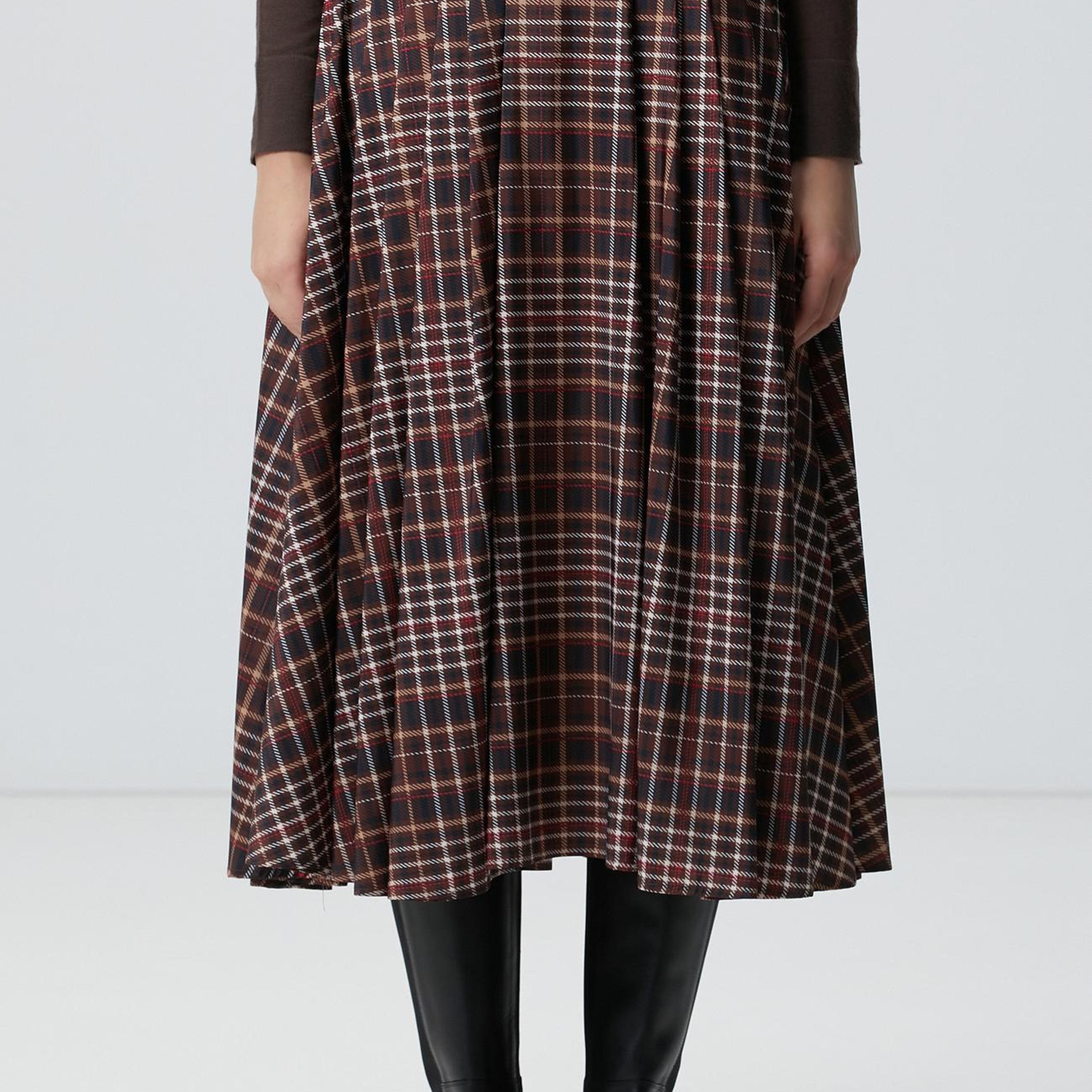 Network Kadın Camel Ekose Desenli Piliseli Midi Tafta Etek