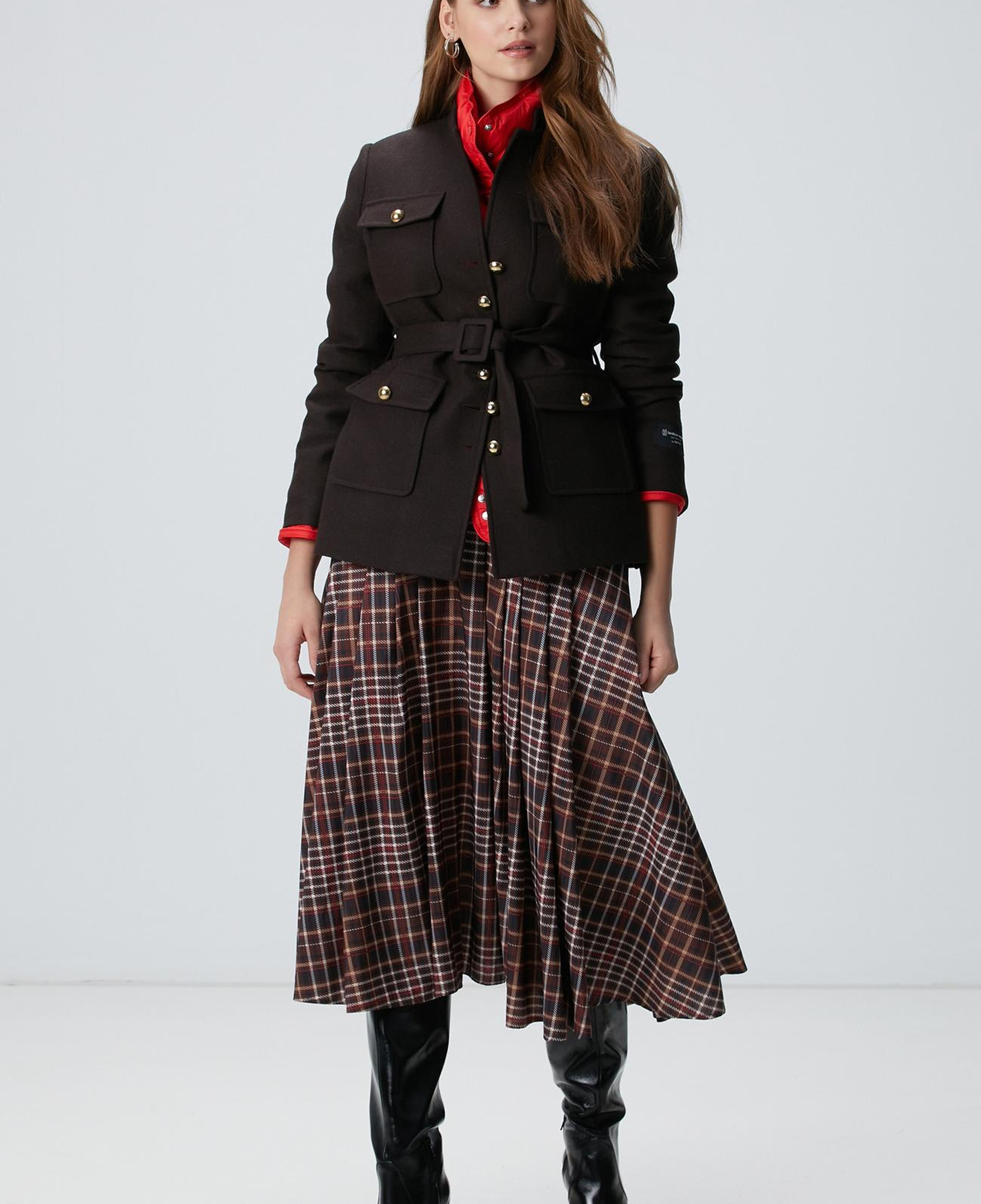 Network Kadın Camel Ekose Desenli Piliseli Midi Tafta Etek