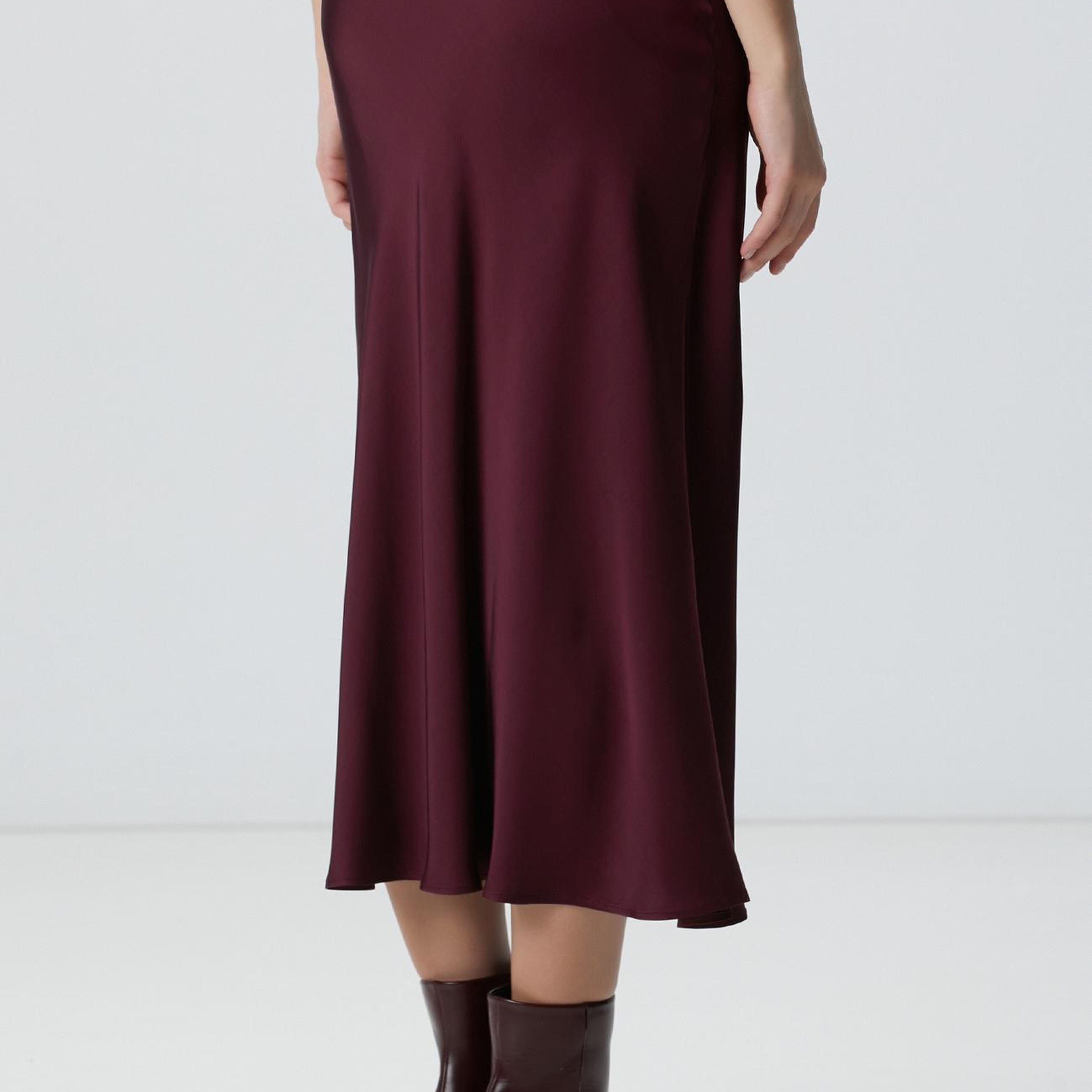 Network Kadın Bordo Midi Saten Etek