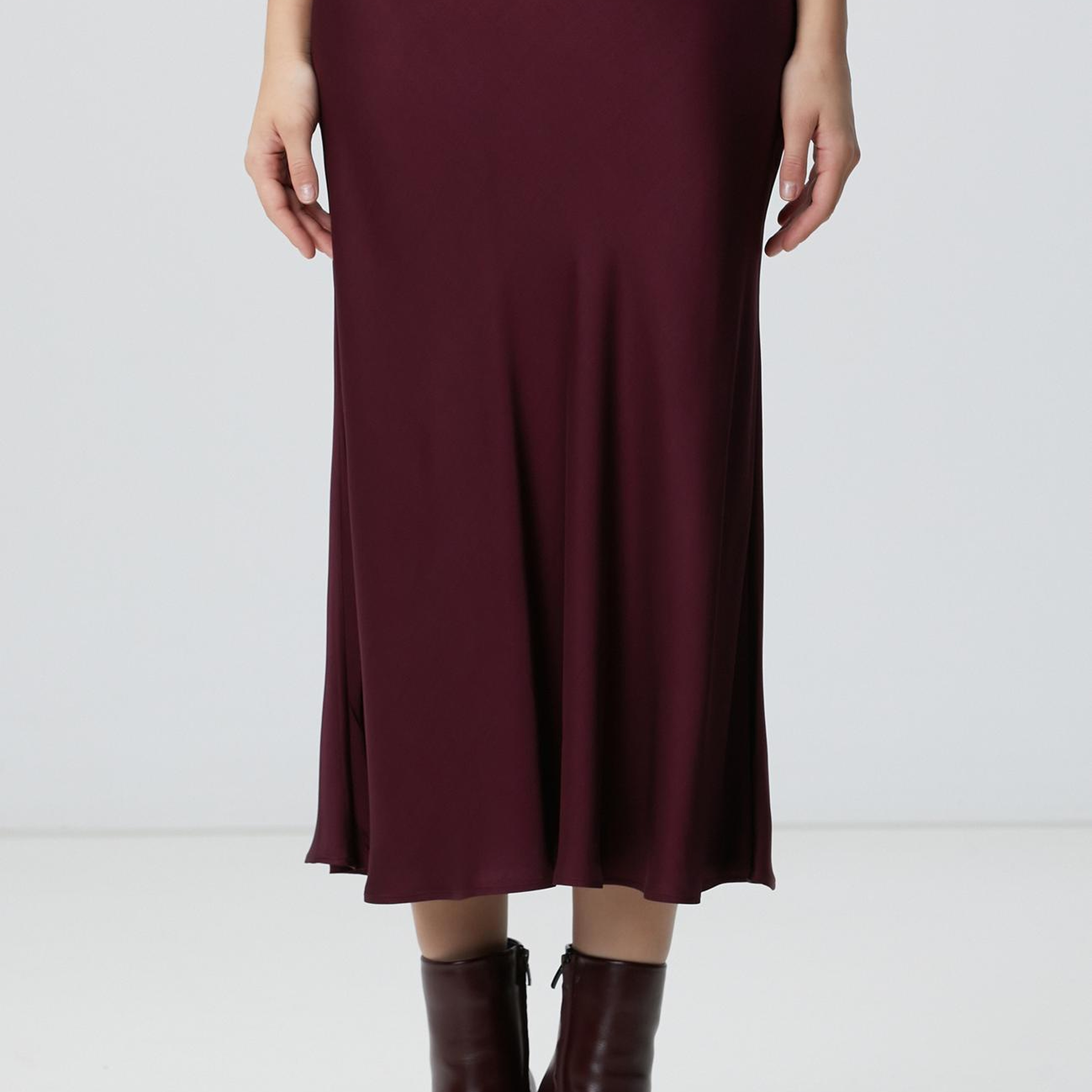 Network Kadın Bordo Midi Saten Etek