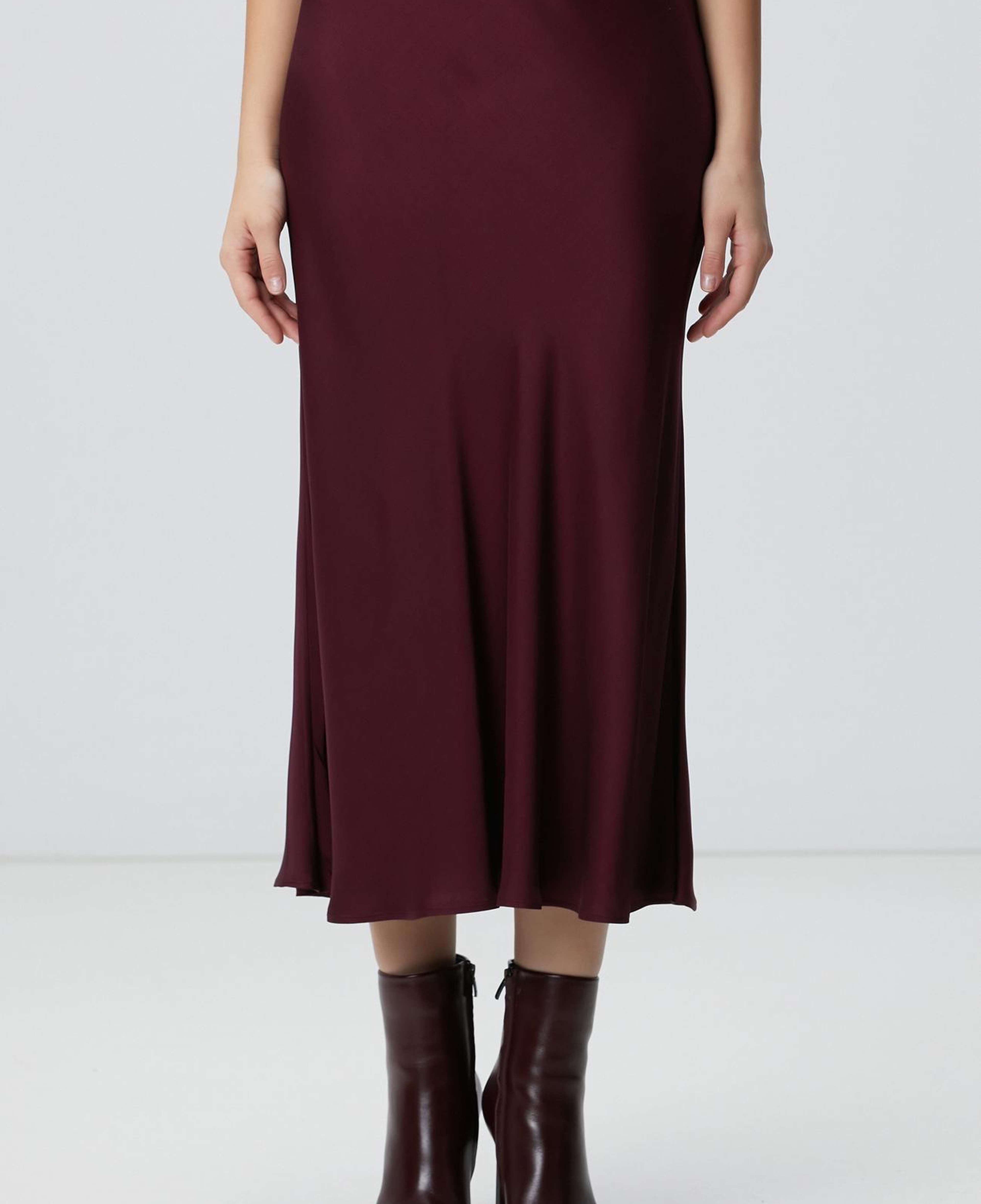 Network Kadın Bordo Midi Saten Etek