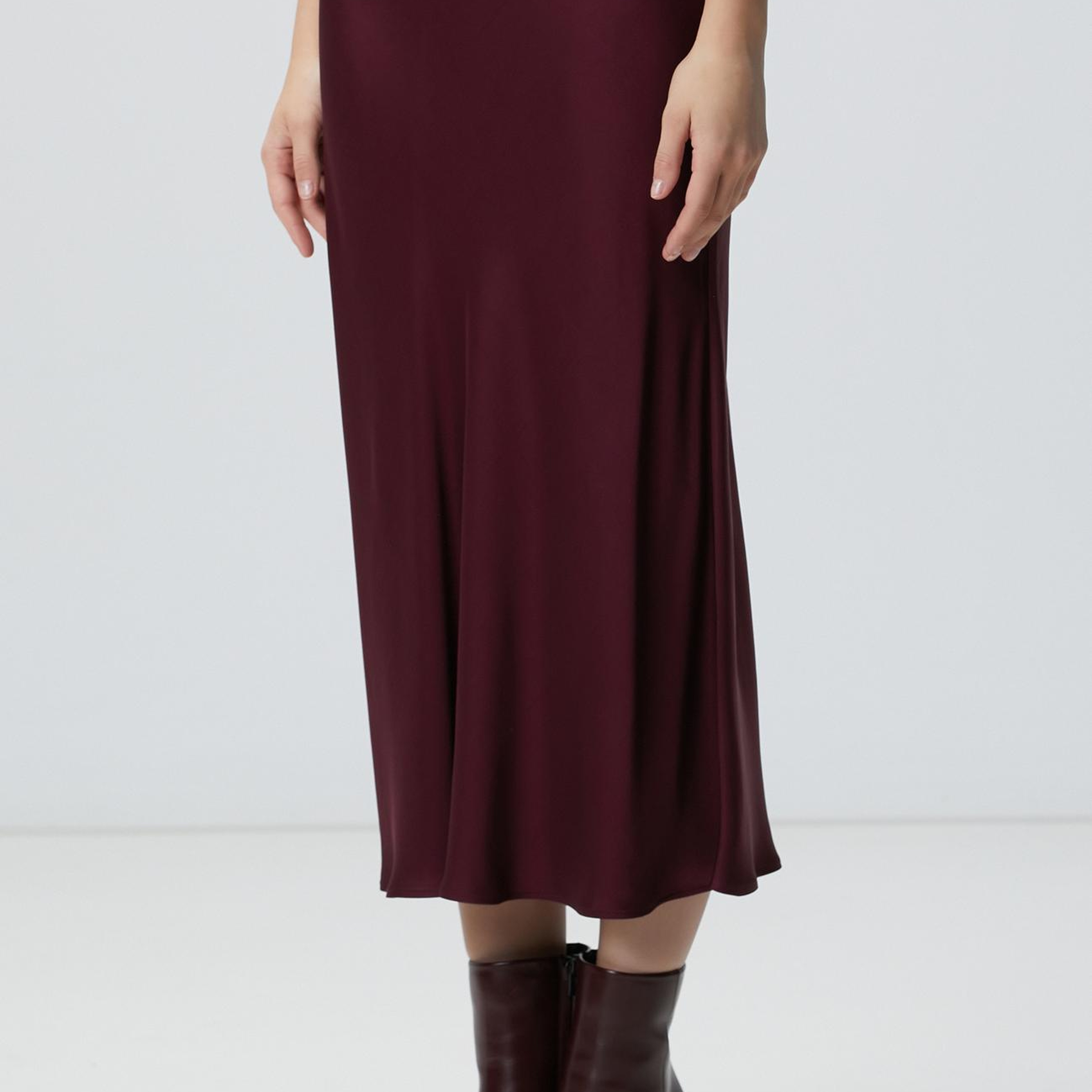 Network Kadın Bordo Midi Saten Etek