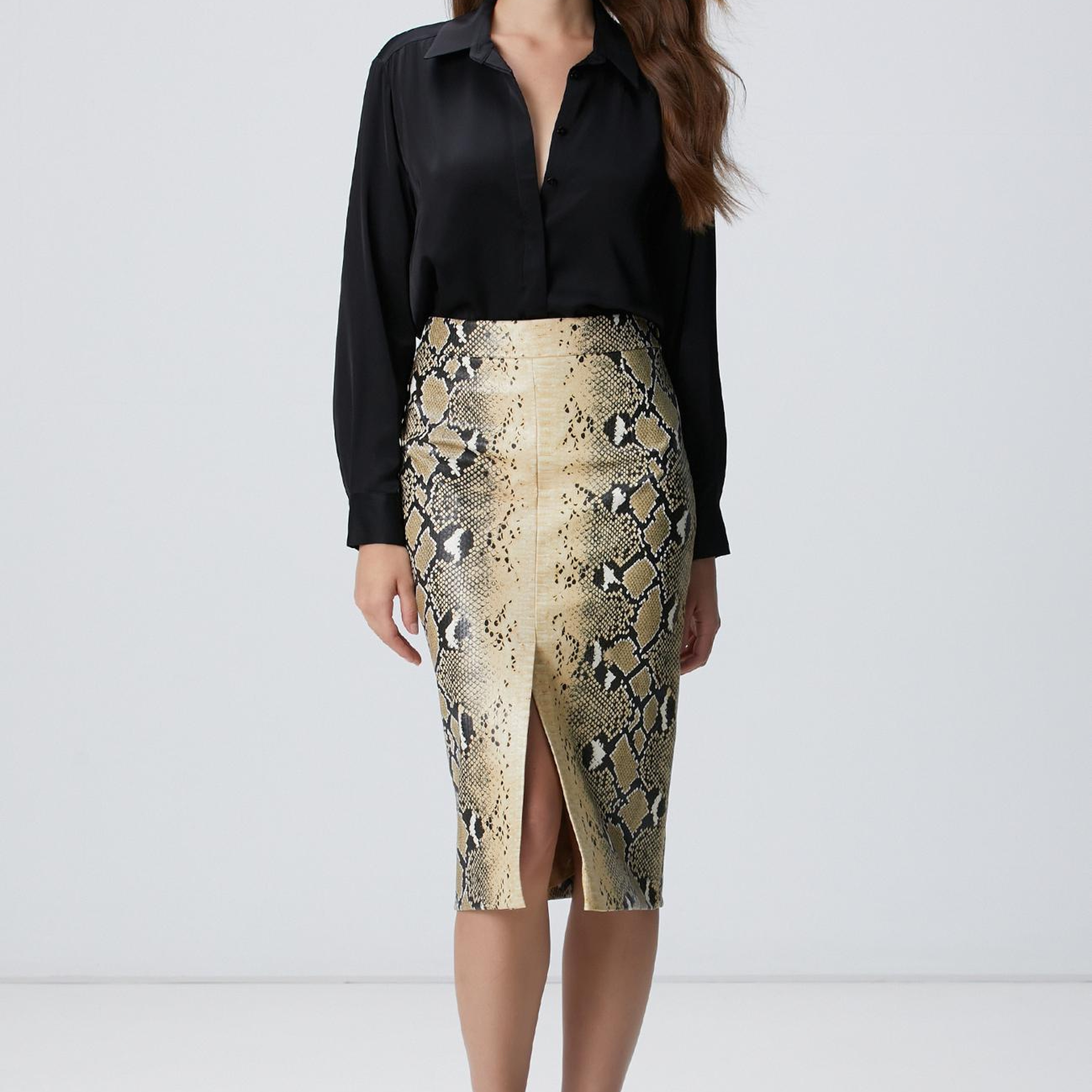 Network Kadın Haki Desenli Suni Deri Midi Etek