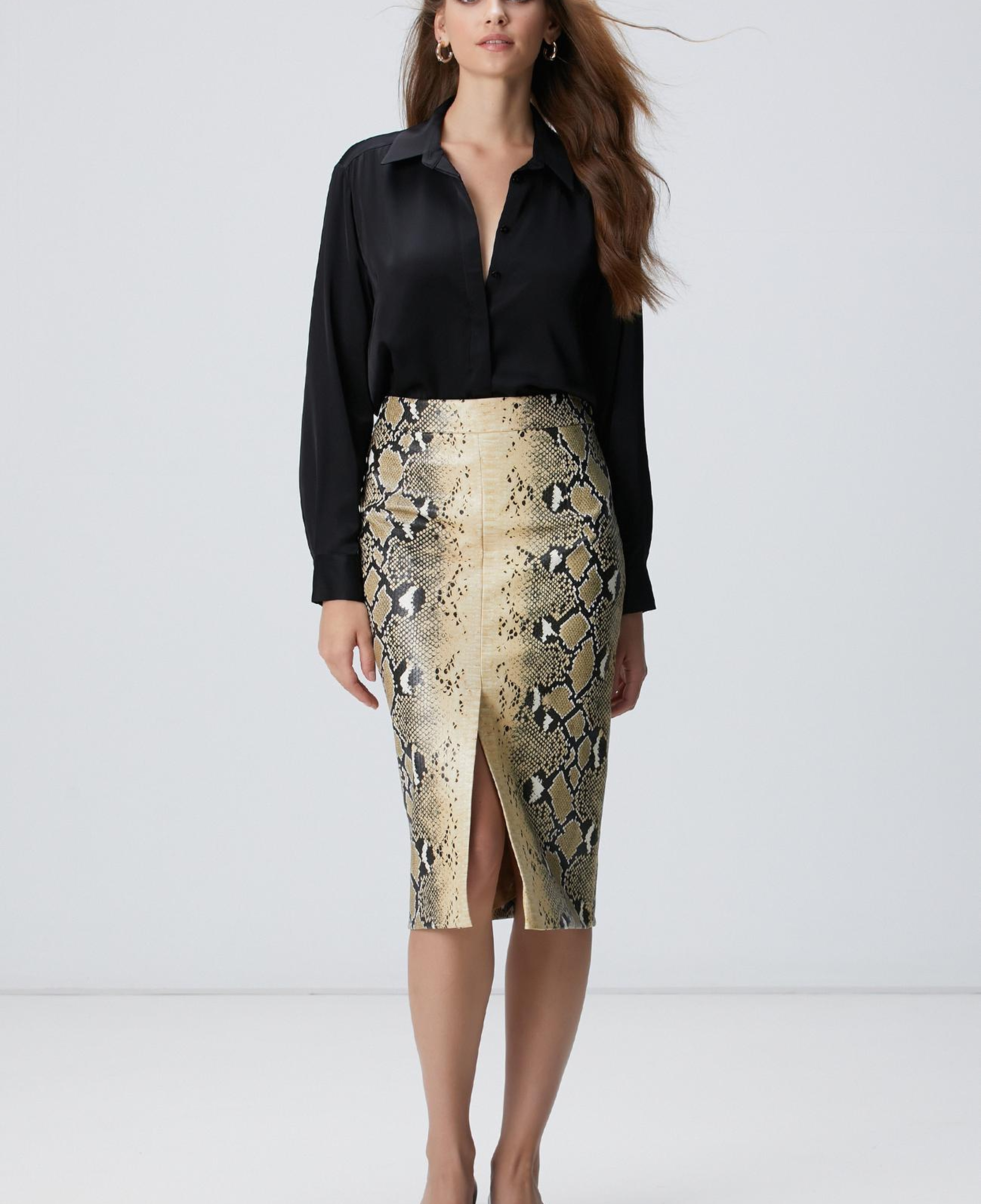 Network Kadın Haki Desenli Suni Deri Midi Etek