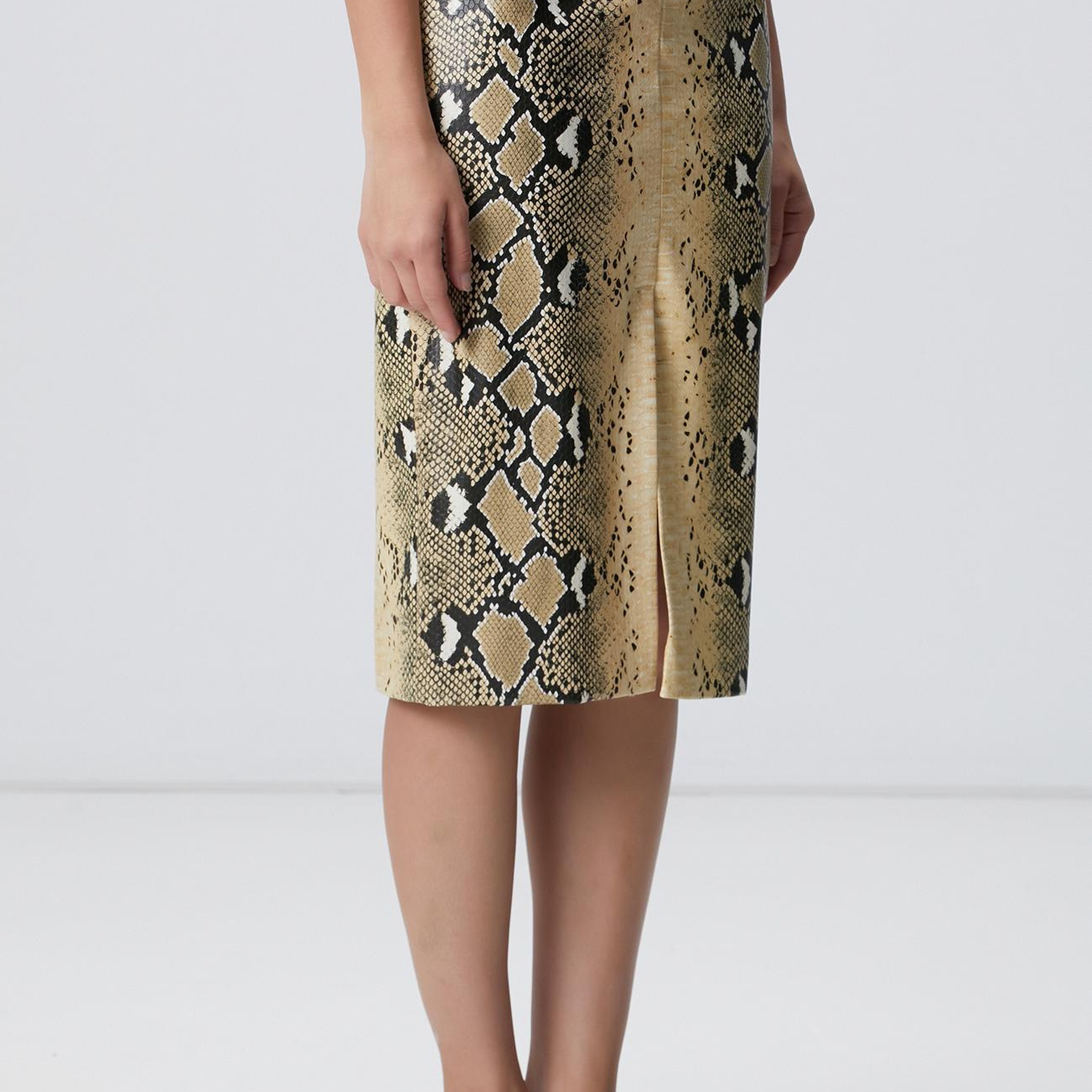 Network Kadın Haki Desenli Suni Deri Midi Etek