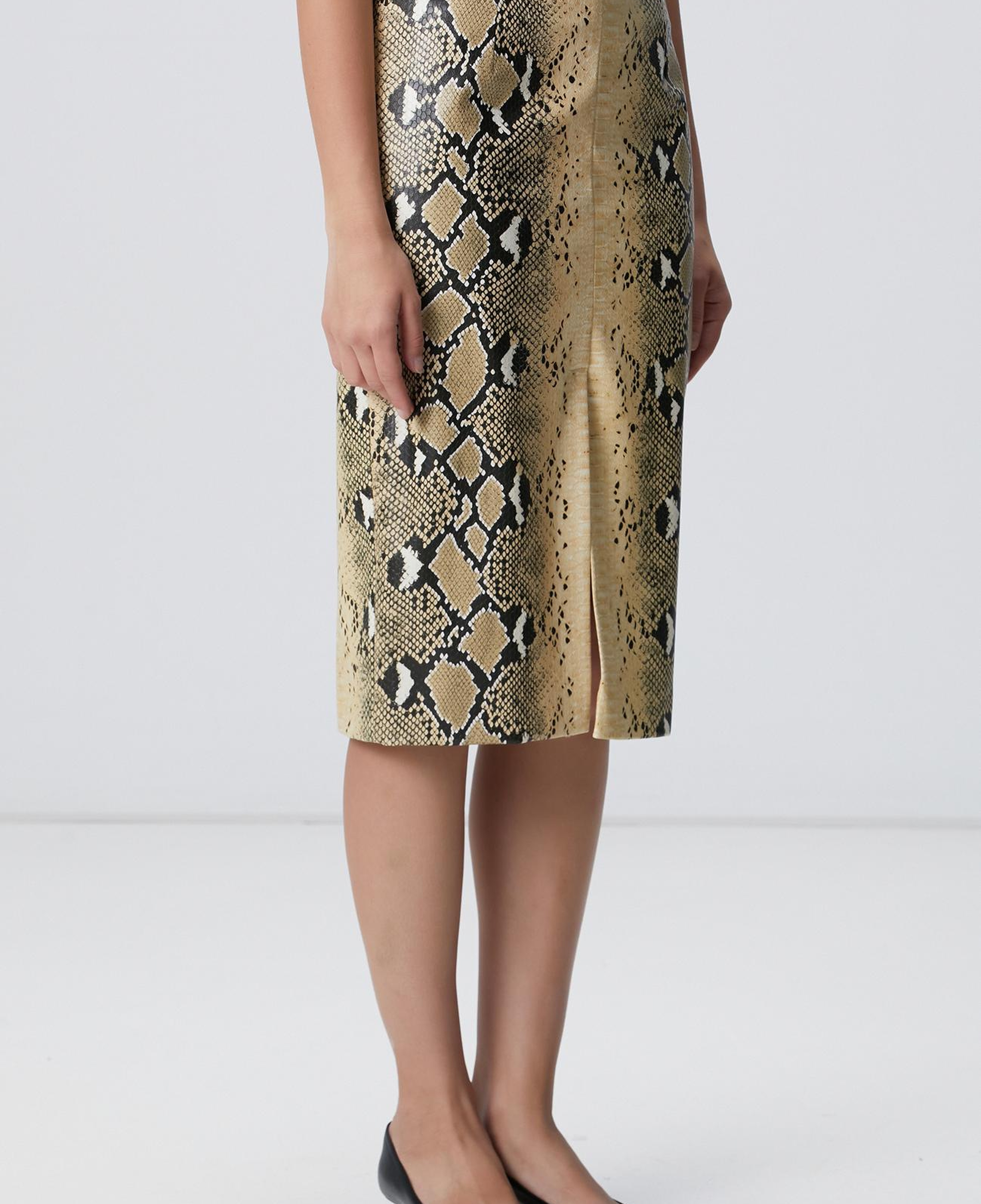 Network Kadın Haki Desenli Suni Deri Midi Etek