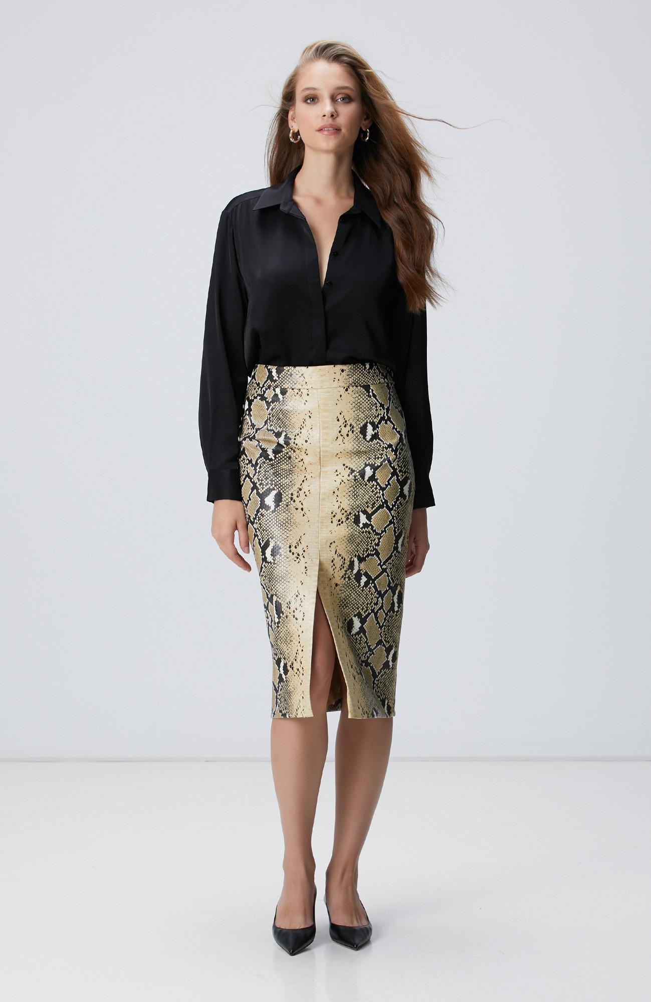 Network Kadın Haki Desenli Suni Deri Midi Etek