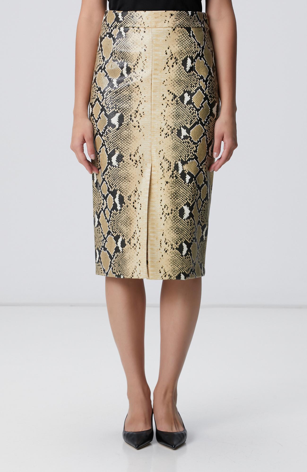 Network Kadın Haki Desenli Suni Deri Midi Etek