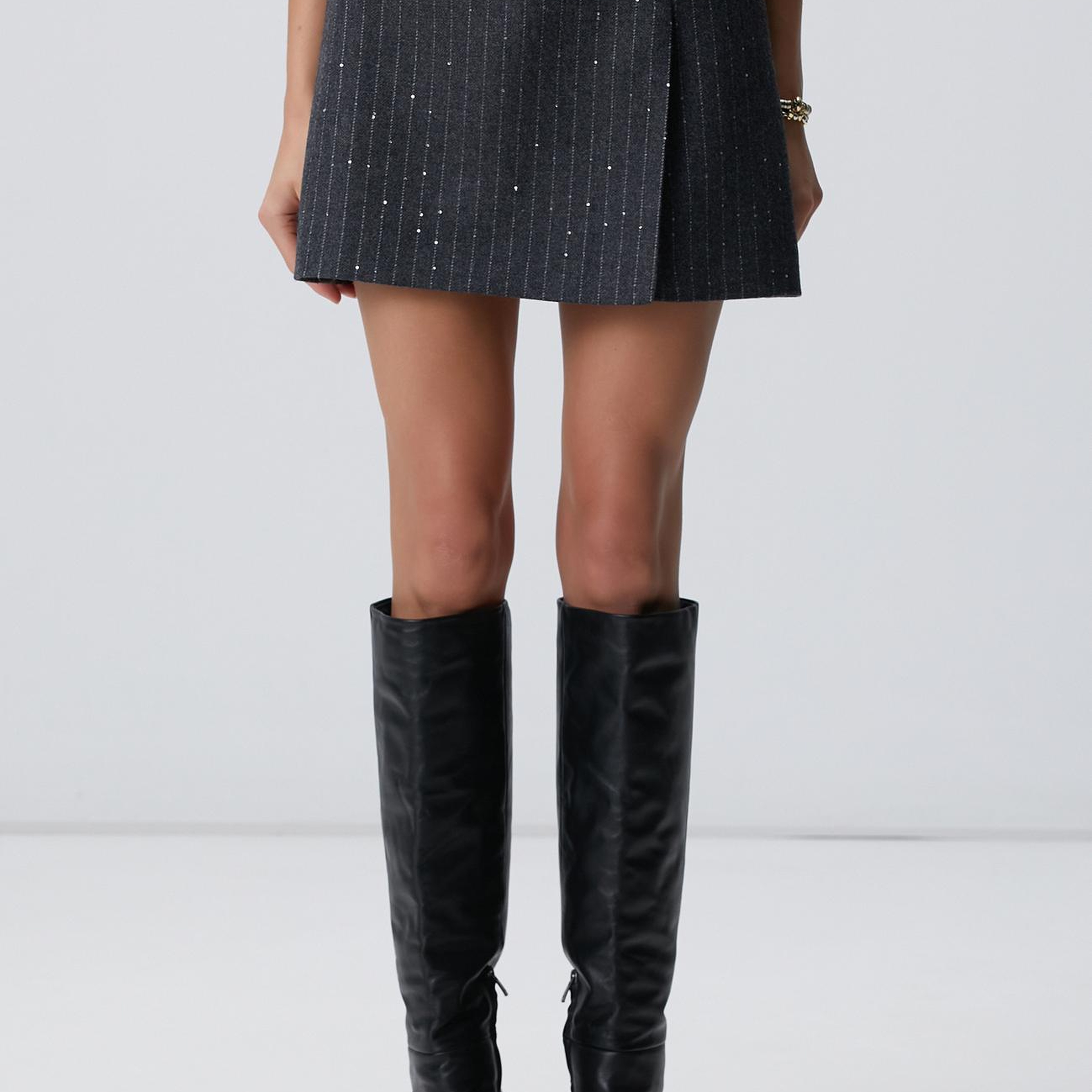 Network Kadın Koyu Gri Melanj Yün Karışımlı Çizgili Mini Etek