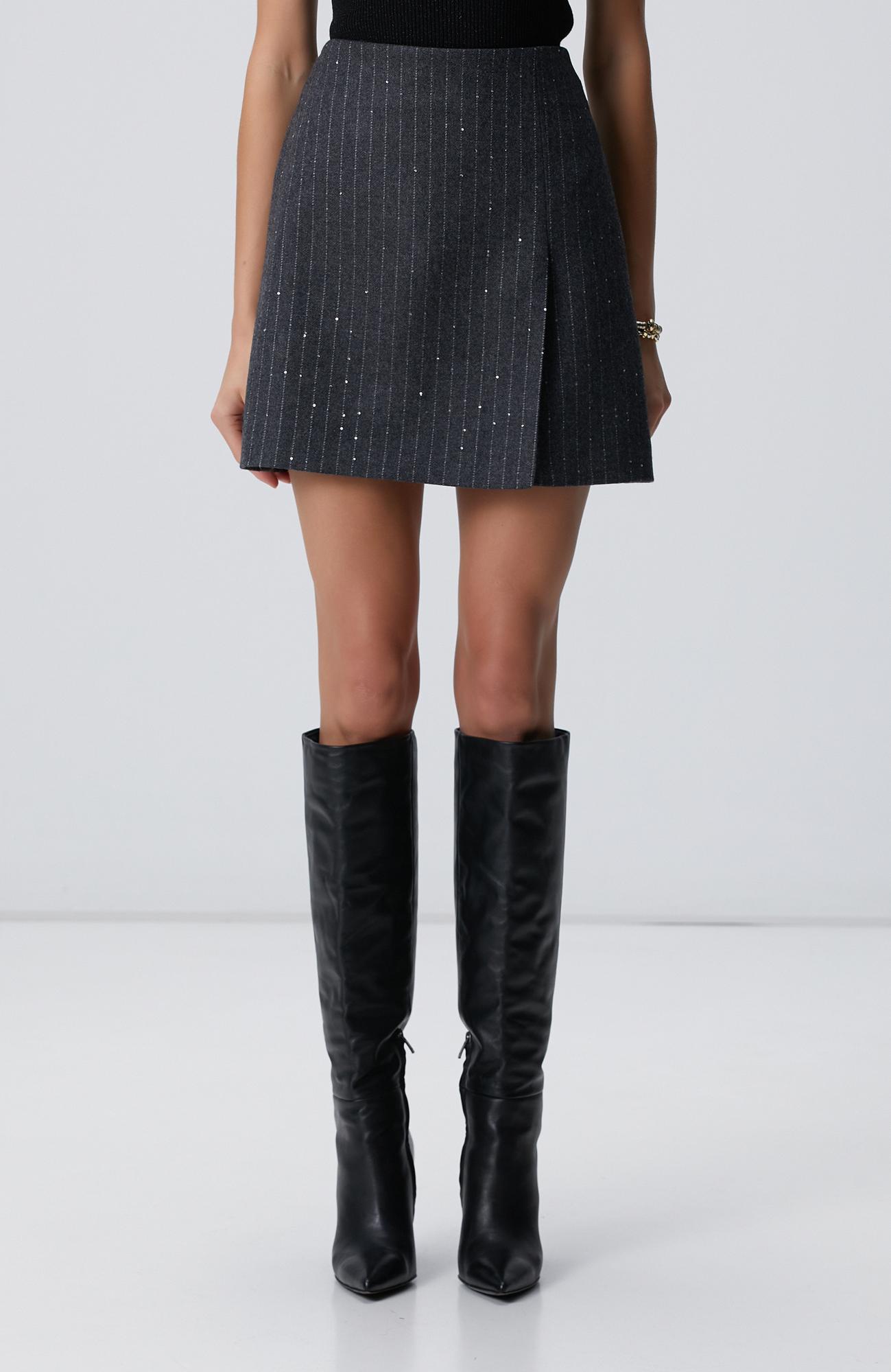 Network Kadın Koyu Gri Melanj Yün Karışımlı Çizgili Mini Etek