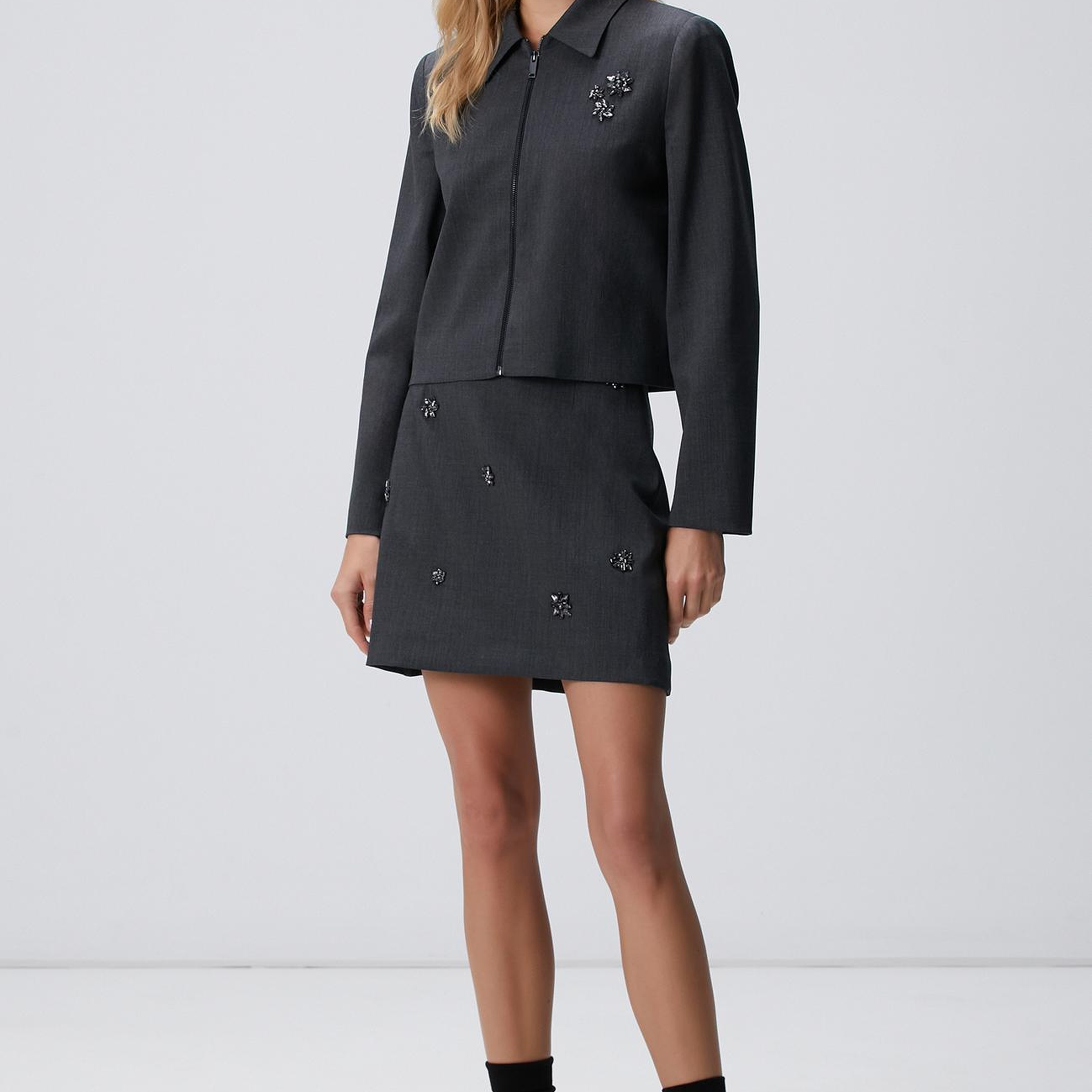 Network Kadın Koyu Gri Yün Karışımlı Mini Etek