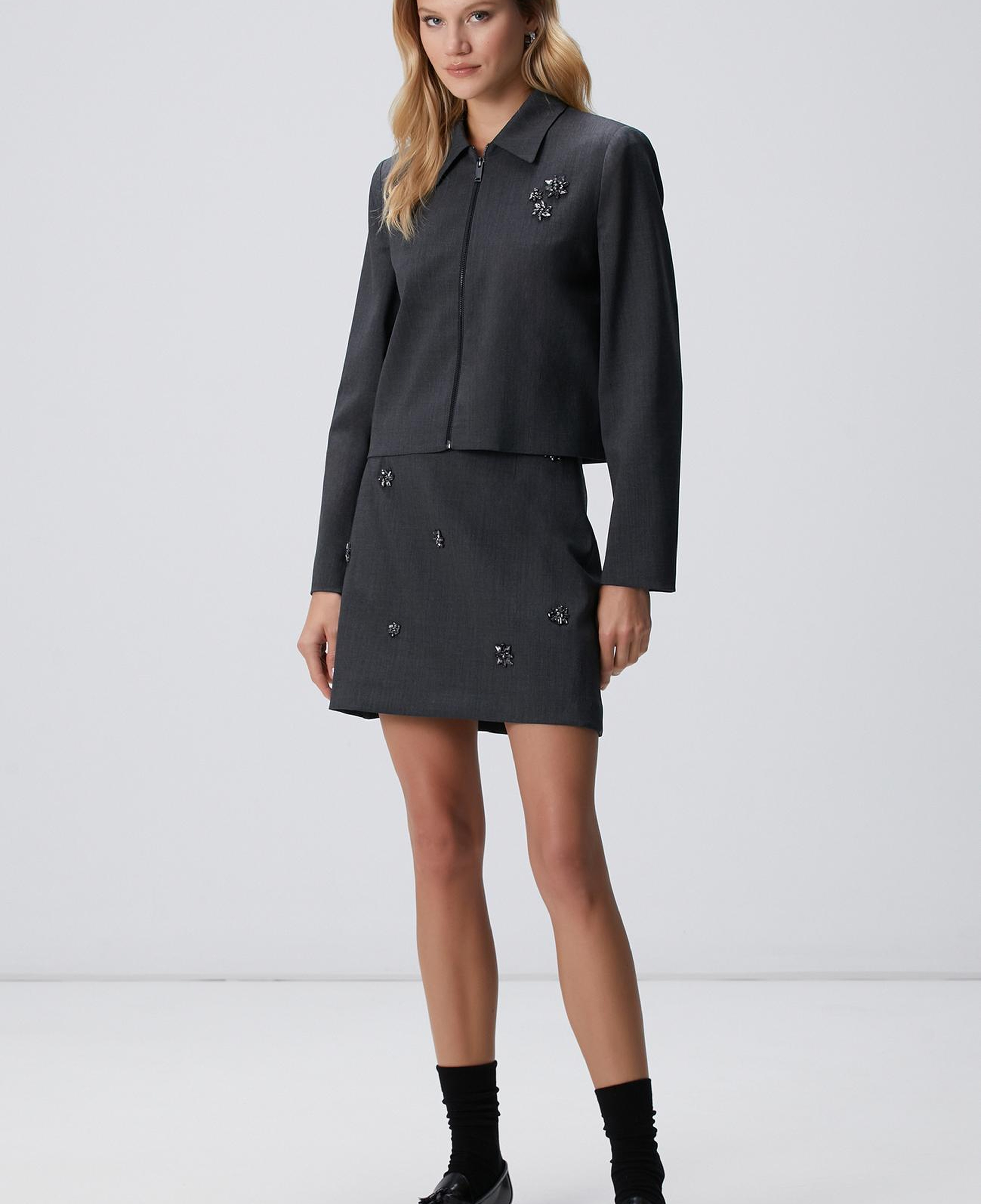 Network Kadın Koyu Gri Yün Karışımlı Mini Etek