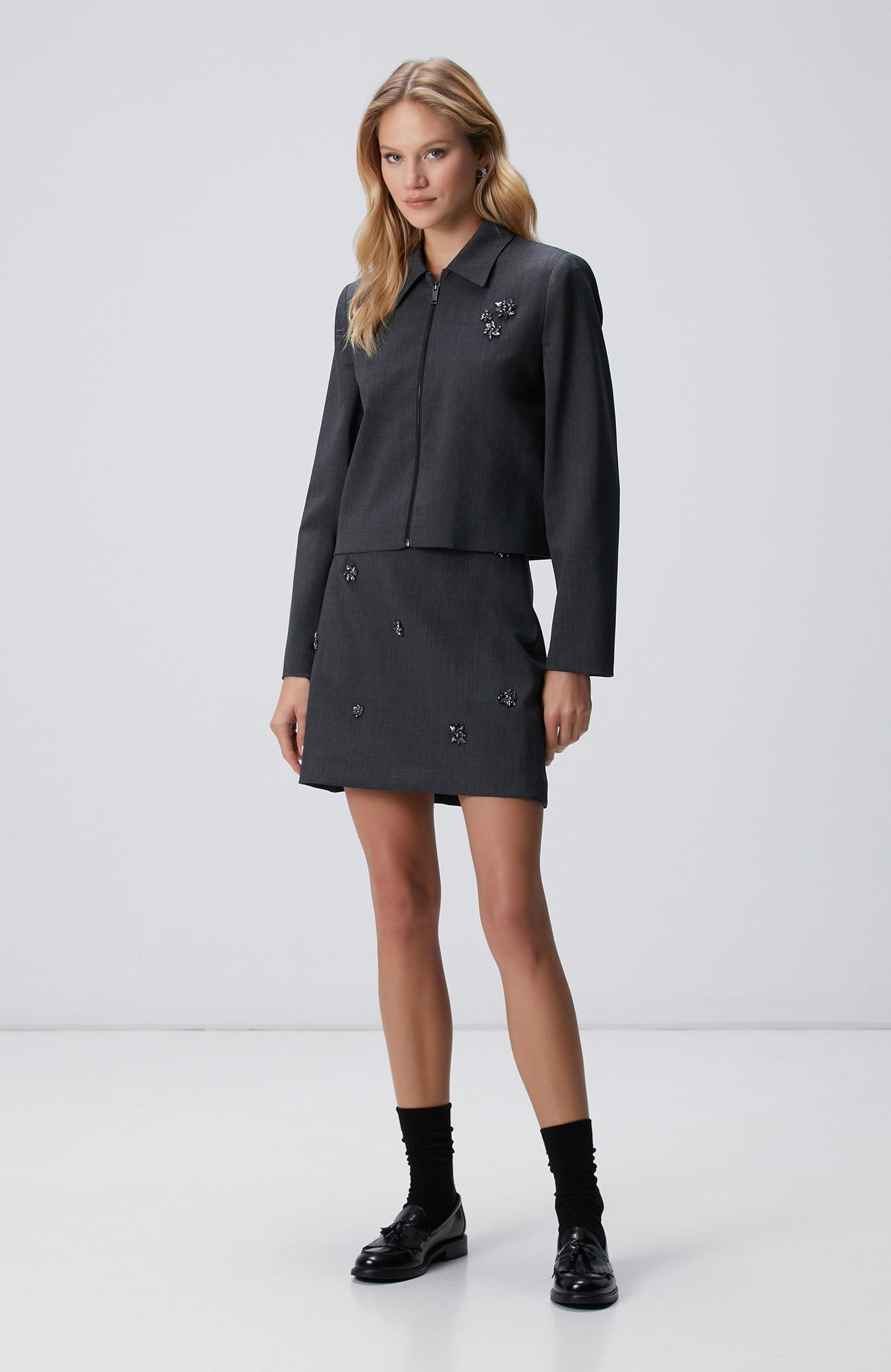 Network Kadın Koyu Gri Yün Karışımlı Mini Etek