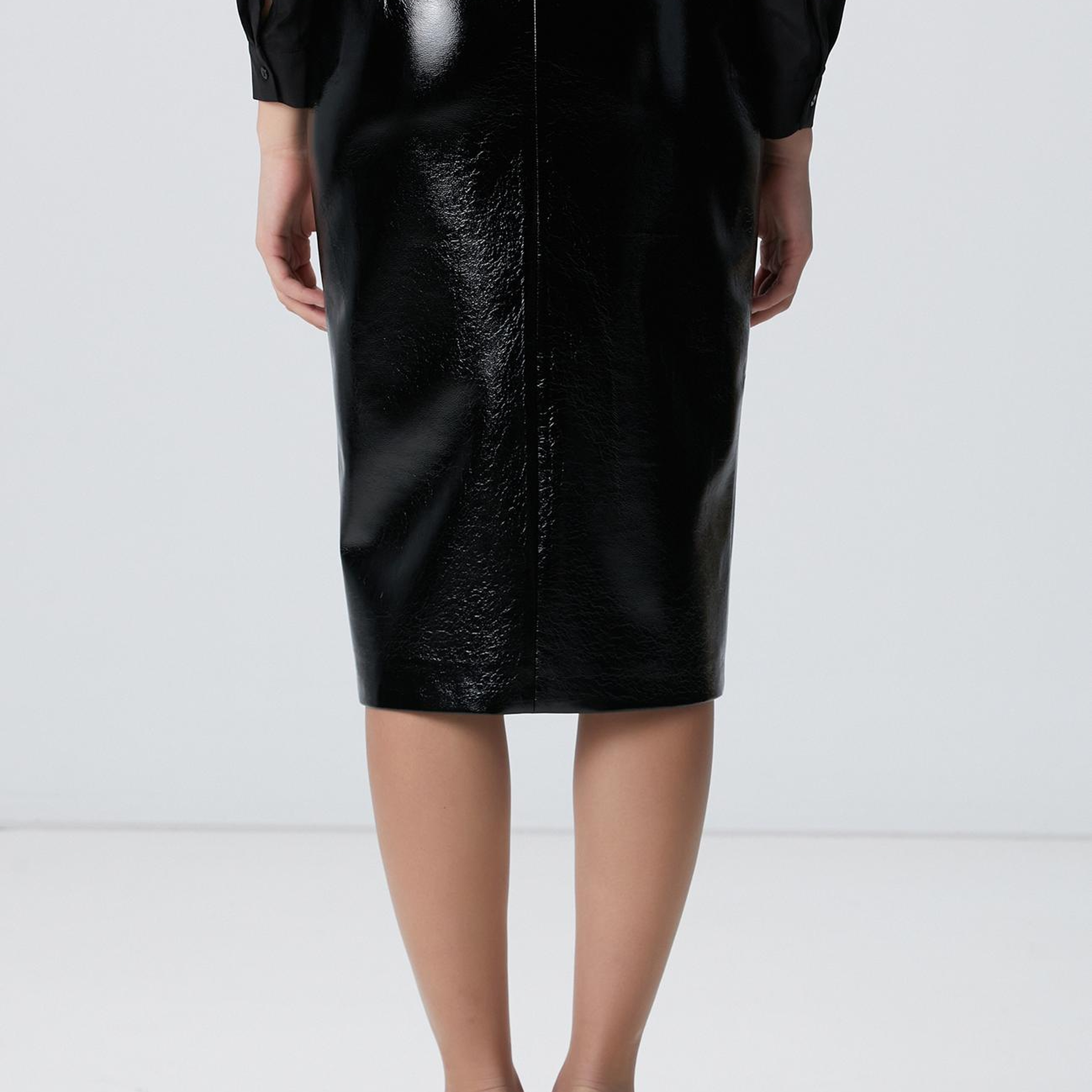 Network Kadın Siyah Vegan Deri Midi Kalem Etek