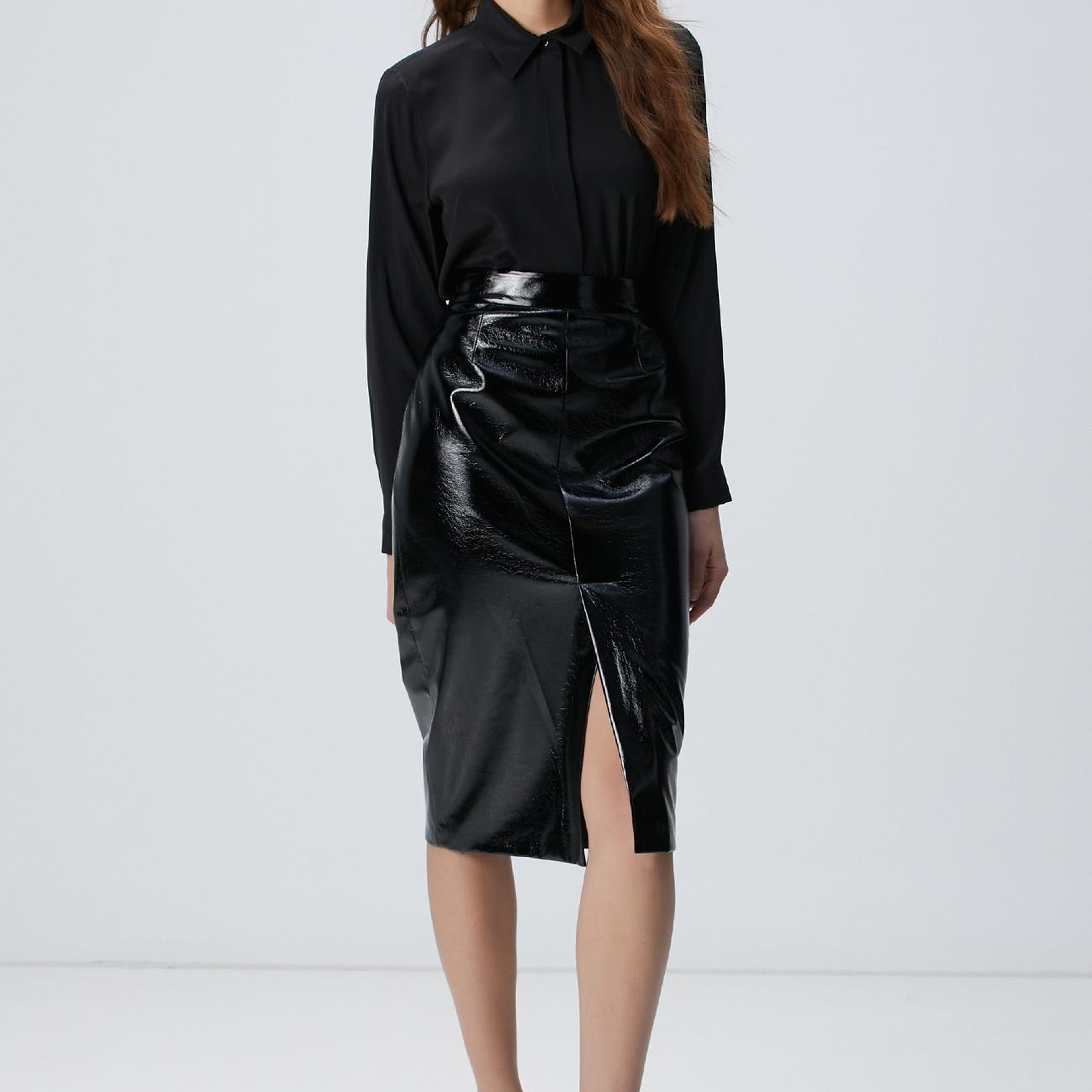 Network Kadın Siyah Vegan Deri Midi Kalem Etek