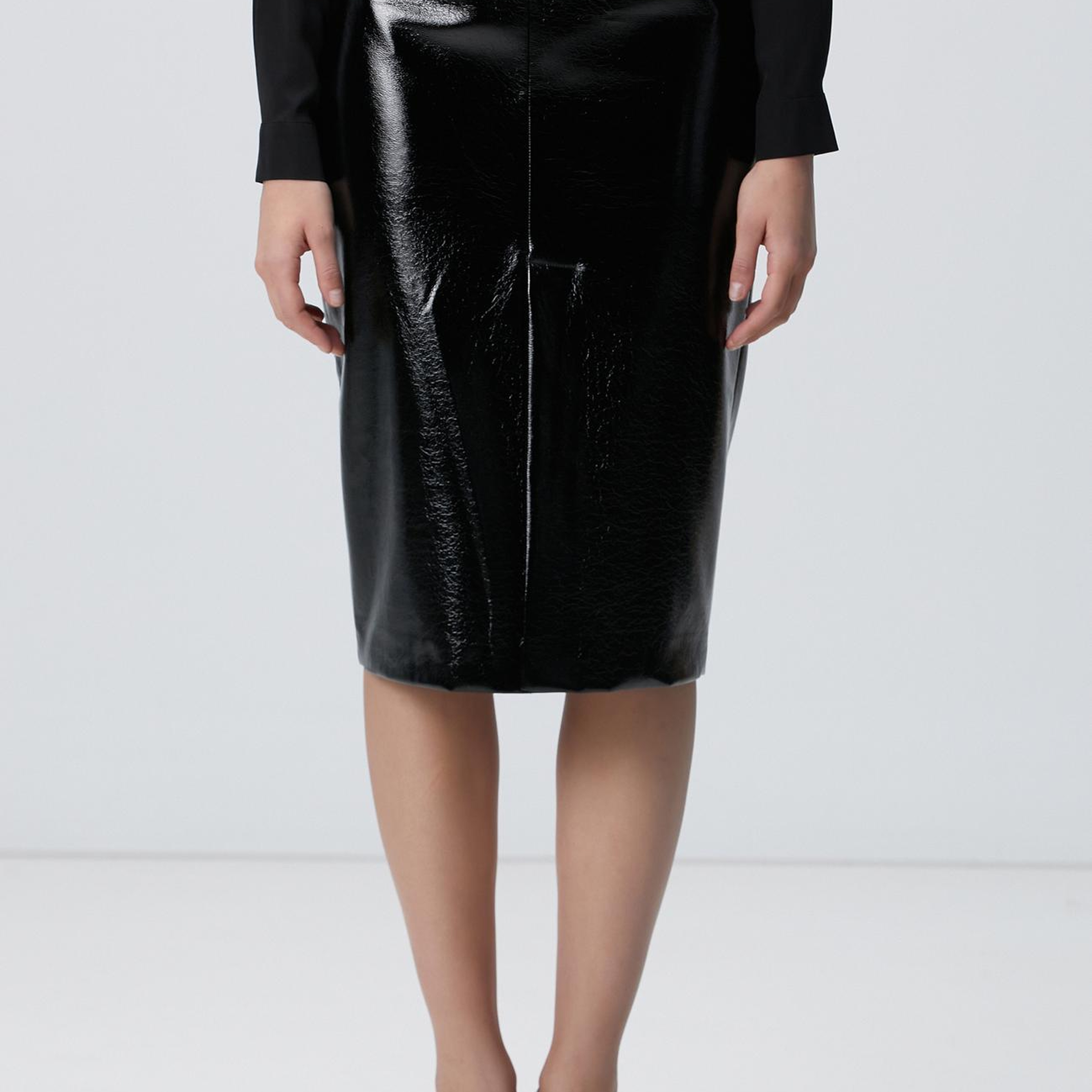 Network Kadın Siyah Vegan Deri Midi Kalem Etek