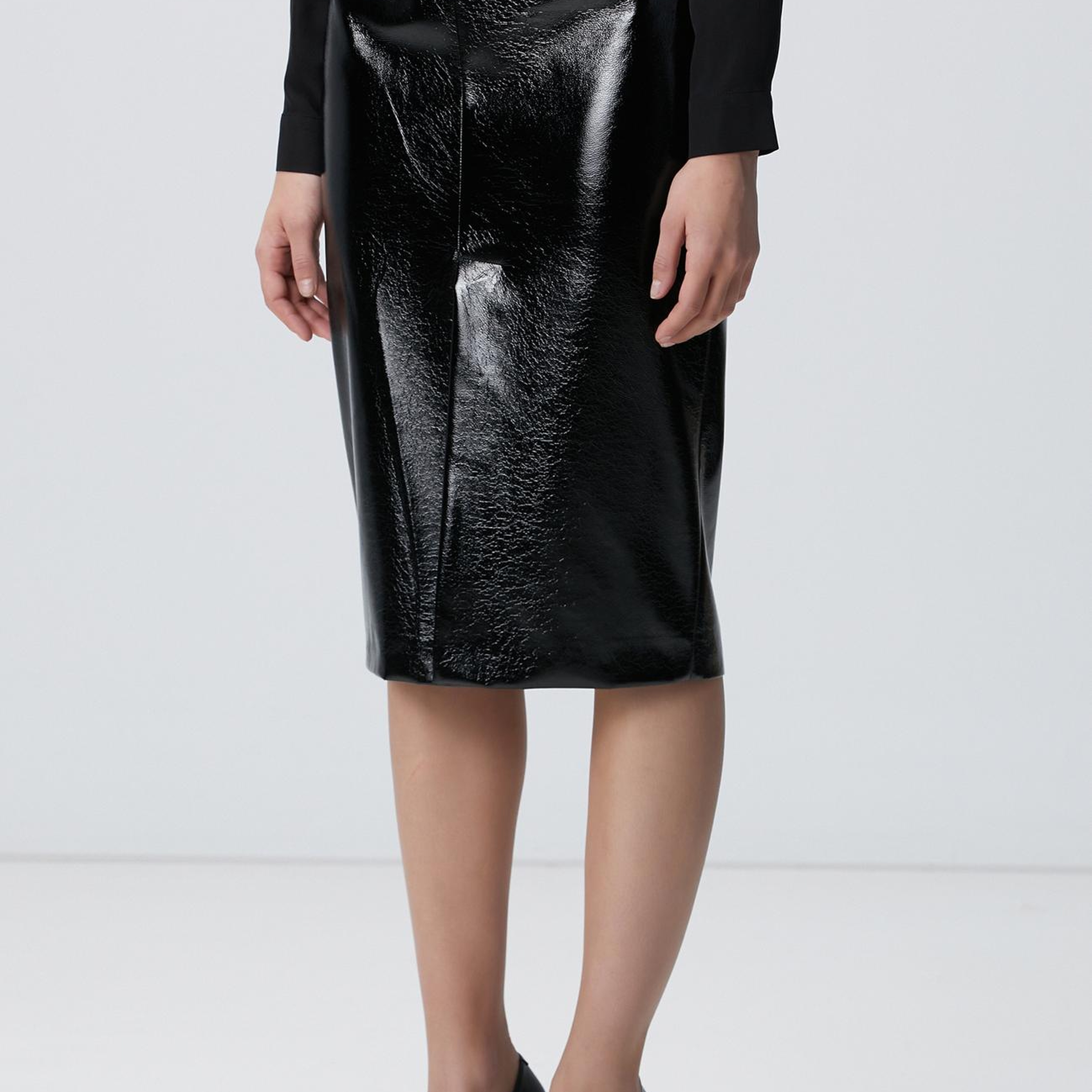 Network Kadın Siyah Vegan Deri Midi Kalem Etek