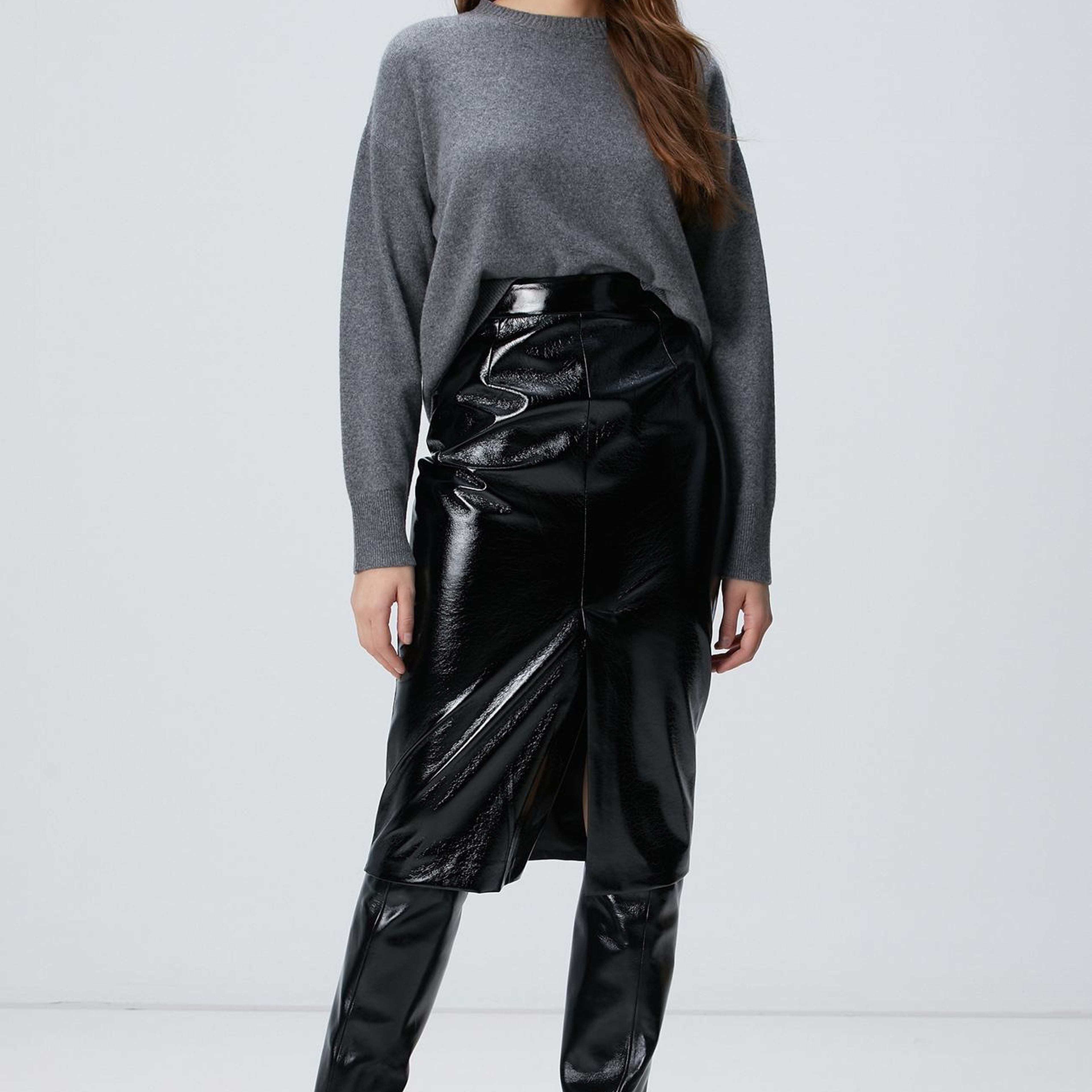 Network Kadın Siyah Vegan Deri Midi Kalem Etek