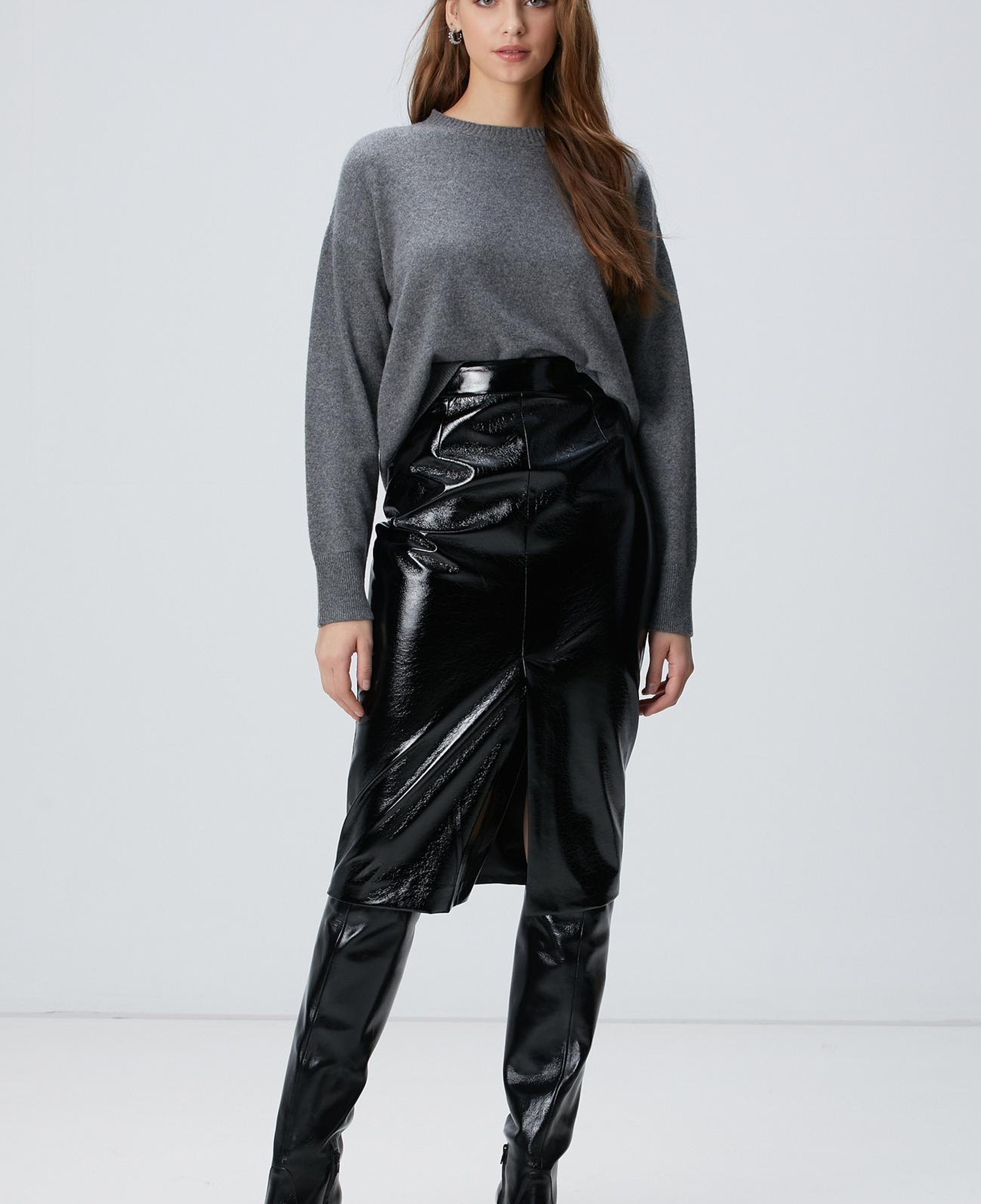 Network Kadın Siyah Vegan Deri Midi Kalem Etek