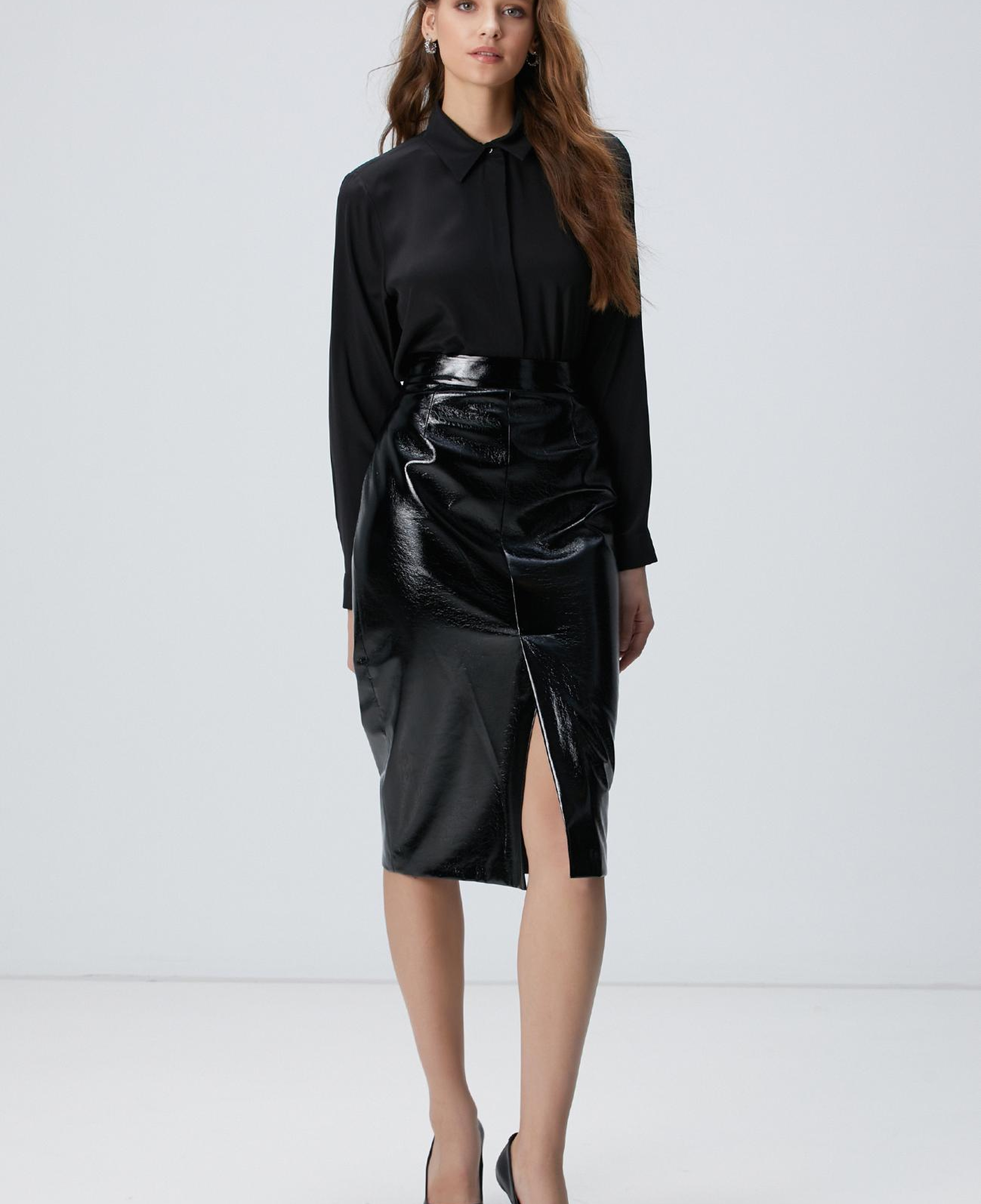 Network Kadın Siyah Vegan Deri Midi Kalem Etek