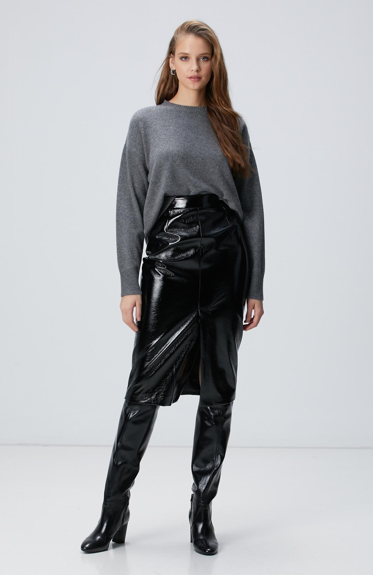 Network Kadın Siyah Vegan Deri Midi Kalem Etek